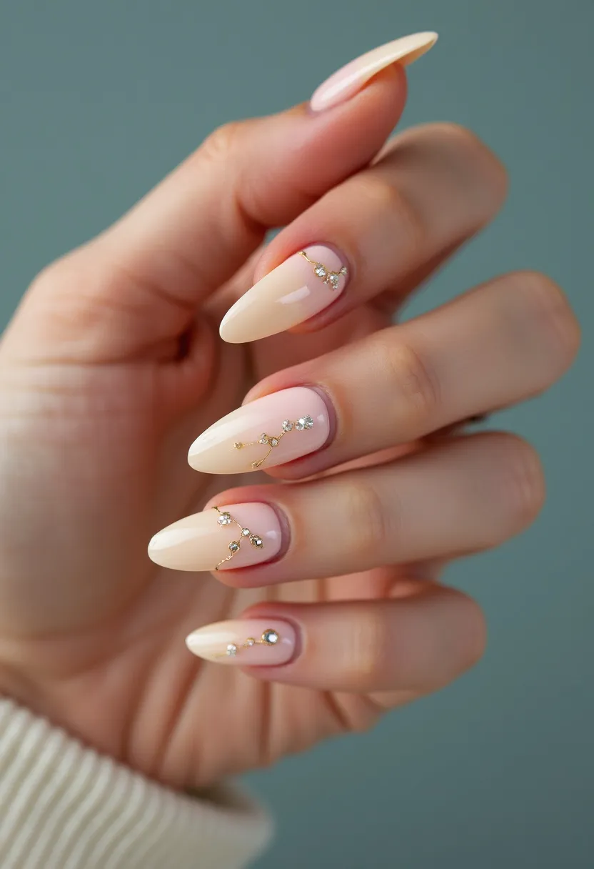 The nail design features a sophisticated and elegant color palette of nude and soft pink hues. The nails are long and almond-shaped, providing a graceful and elongated appearance. Each nail is adorned with intricate decorations, including delicate gold lines and small gem-like embellishments, creating a luxurious and refined look. The treatment appears to be gel, giving the nails a smooth and glossy finish. This design is versatile but may be particularly suited for special occasions or seasonal events such as weddings or formal gatherings due to its refined and polished appearance. The combination of subtle colors and metallic accents results in a balanced and exquisite manicure.