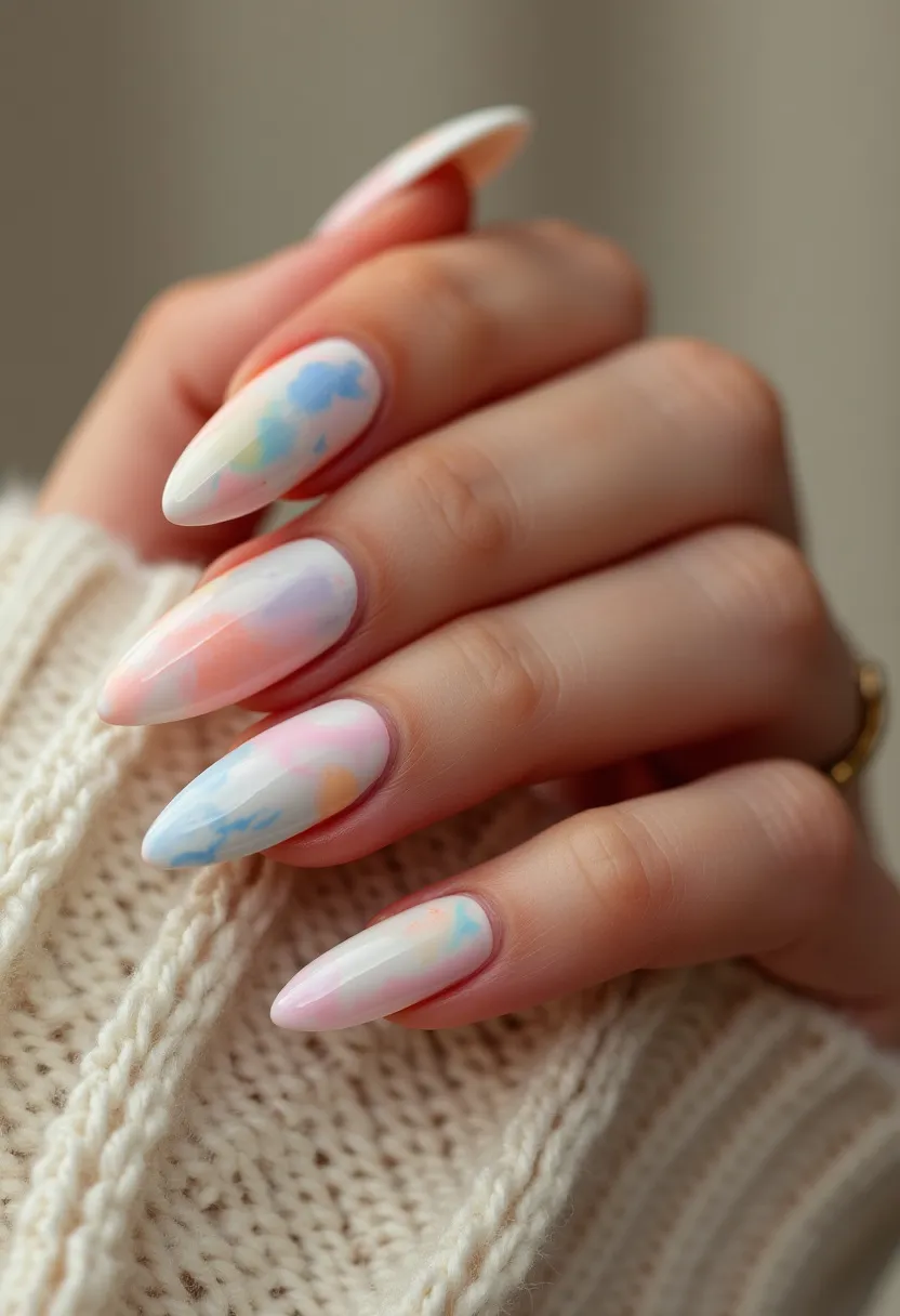 The nail design features almond-shaped nails with a color palette that includes soft pastel shades of blue, pink, peach, and white, creating a dreamy and cloud-like effect. The nails appear to be treated with gel polish, which gives them a glossy and smooth finish. The design incorporates a delicate watercolor pattern, blending the pastel colors seamlessly on each nail, giving an artistic and ethereal feel. This nail art could be suitable for spring or summer, capturing the light and airy essence of these seasons through its pastel hues and soft, blended patterns. The gel treatment ensures durability and a glass-like shine, enhancing the overall look.