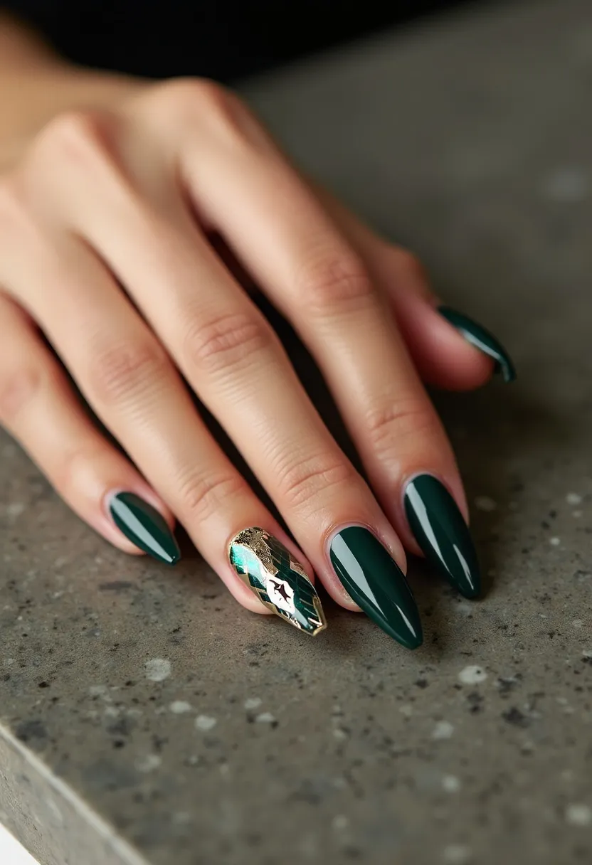 The nail design in the image features a glossy, dark green color palette applied to almond-shaped nails. One accent nail showcases an intricate pattern that includes a combination of green, gold, and possibly reflective foil elements, along with a star motif, adding a touch of elegance and complexity. The design suggests a high-quality gel or acrylic treatment, given the smooth and shiny finish of the nails and the detailed art. The overall aesthetic appears sophisticated and could be ideal for a festive or formal occasion, particularly during the holiday season due to the luxurious color scheme and decorative details.