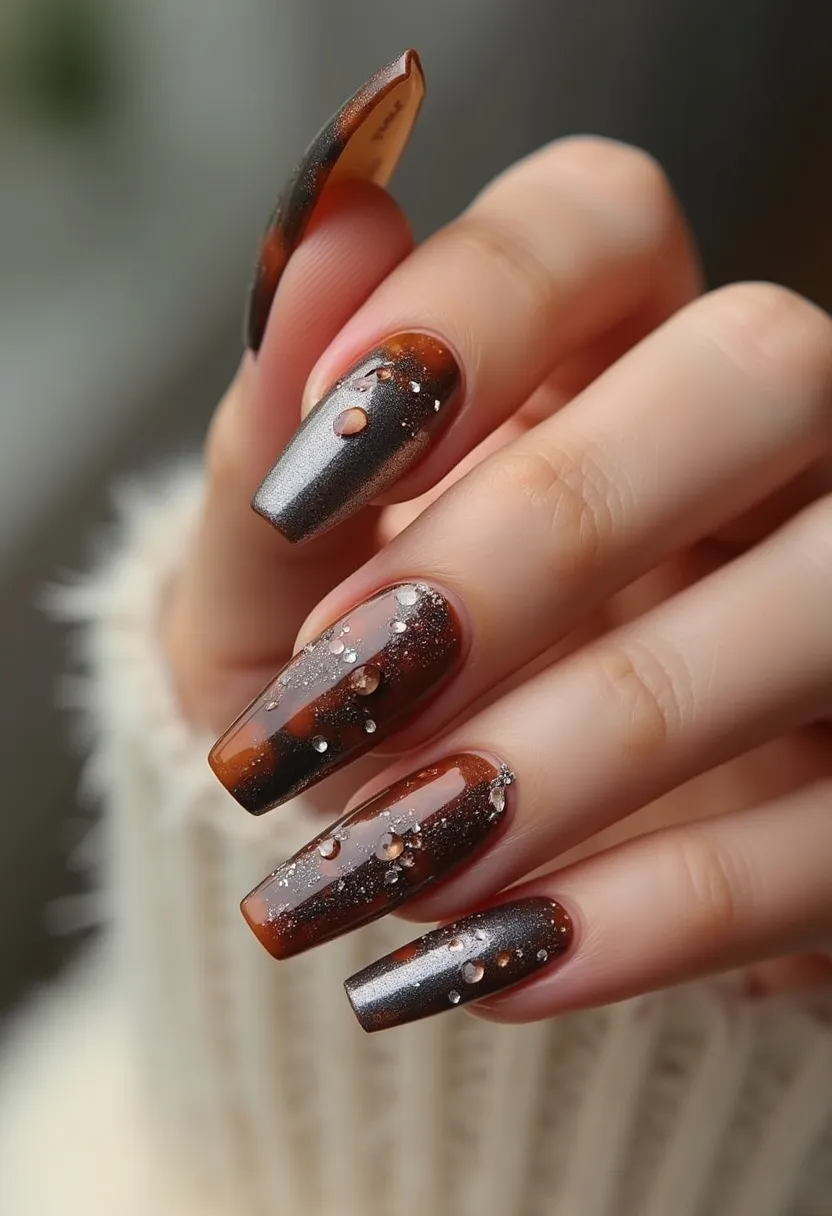 This nail design features long, coffin-shaped nails with a striking color palette that includes shades of dark brown, copper, and subtle glittering silver. The nails are adorned with intricate patterns that blend seamlessly, creating an elegant ombré effect transitioning from coppery brown to a shimmery silver. Each nail is enhanced with small, clear, and reflective rhinestones, giving the design a sparkling, luxurious look. The overall sheen and the precise finish suggest that the nails are treated with gel polish. The rich, warm colors and sparkling decorations hint at an autumn or festive seasonal theme, suitable for special occasions or holiday celebrations.