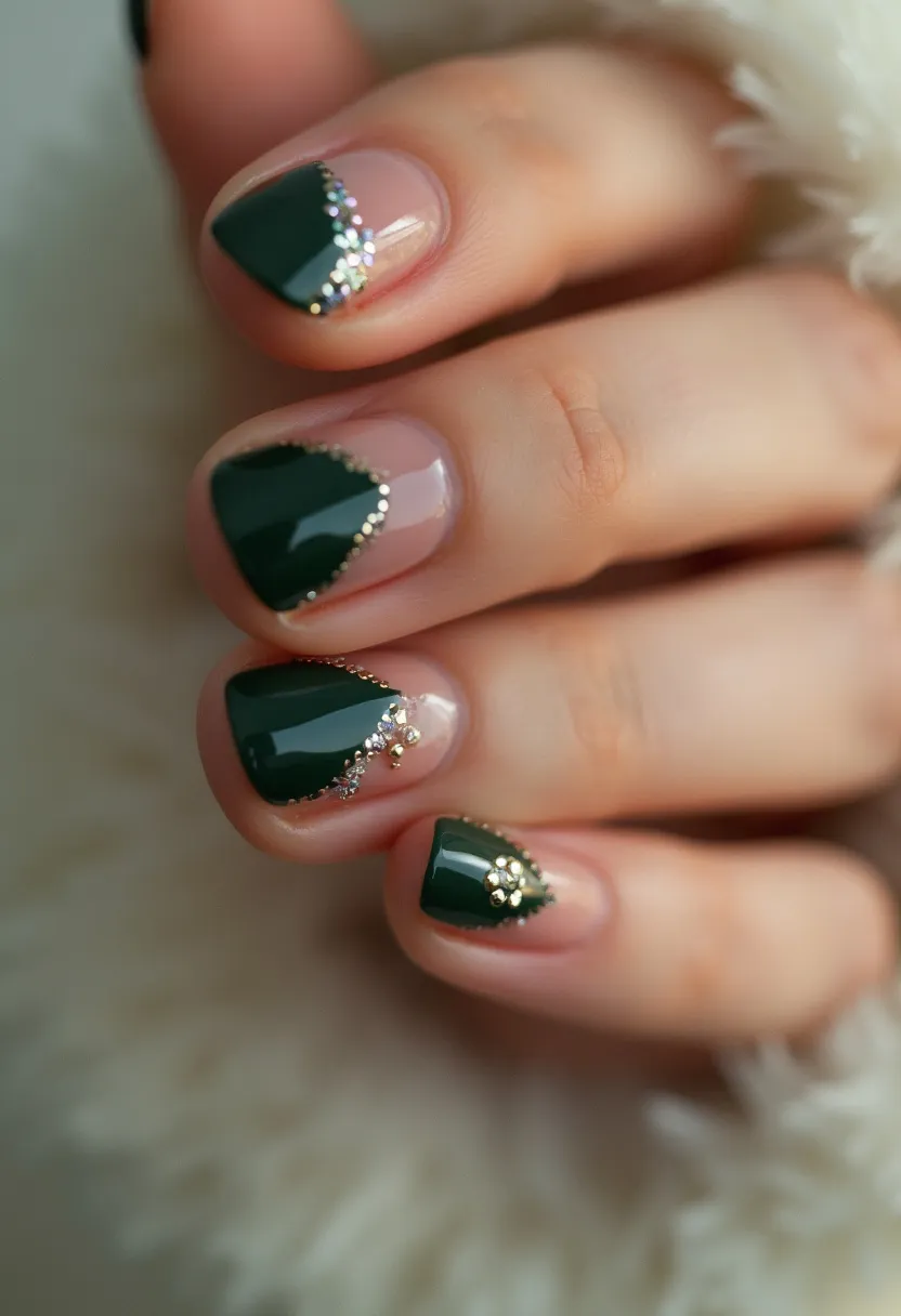 The nail design features a rich, dark green color palette combined with a nude base, creating a striking contrast. The nails are short and have a rounded shape. The green polish is applied diagonally across each nail, edged with a delicate line of small gold beads that add a touch of elegance and sophistication. Further enhancing the design, one nail on each hand displays a small cluster of gold and silver embellishments, providing a focal point. Given the glossy finish and intricate details, this might be a gel or acrylic nail treatment. This design is versatile but would be especially fitting for the winter season or festive occasions due to its opulent color and decoration.