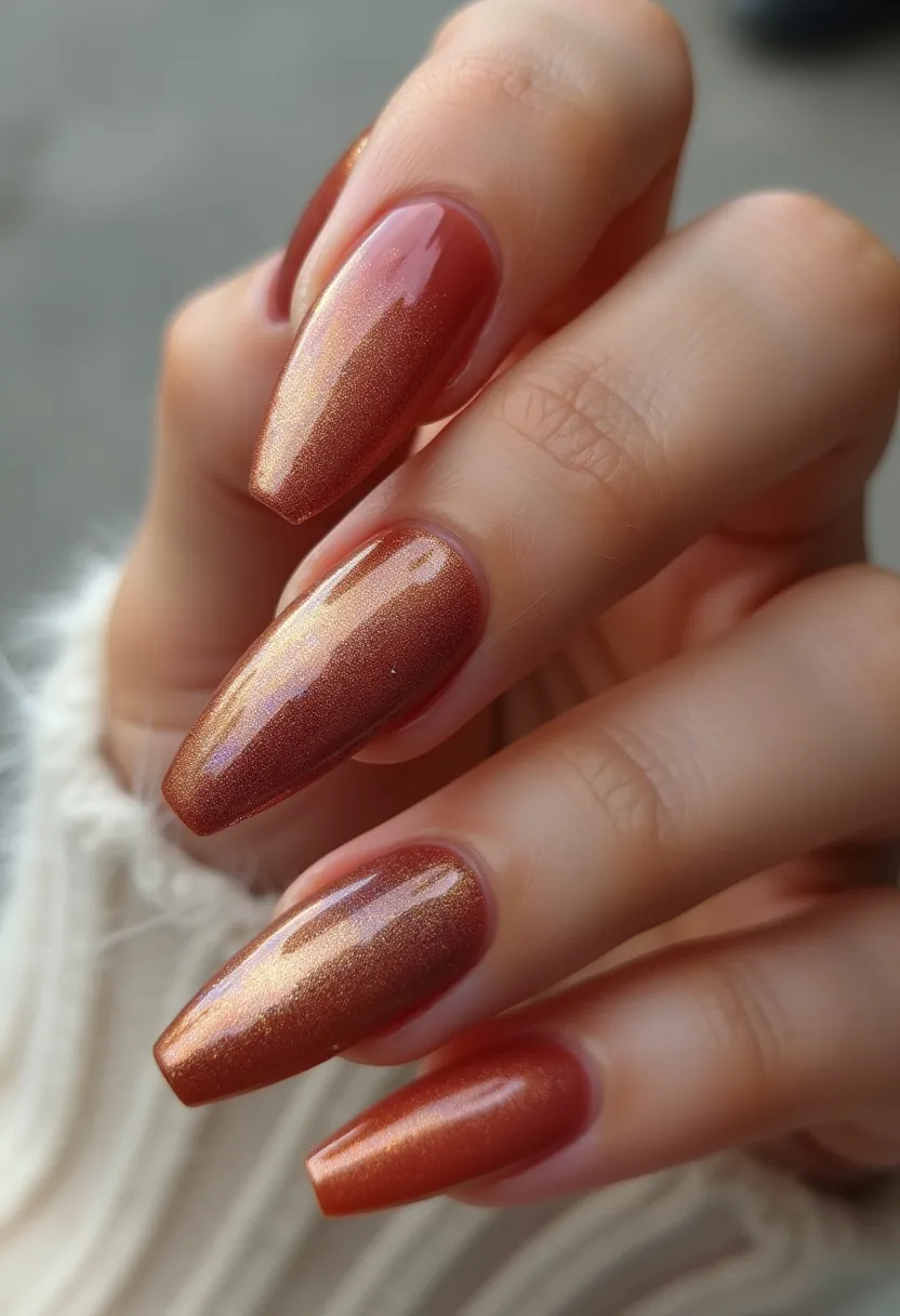 The nail design features a warm autumnal palette with shades of burnt orange and copper, incorporating a metallic finish. The nails are shaped in a medium-length almond shape, giving them an elegant and elongated appearance. The finish appears to be gel, as indicated by the high gloss and smooth texture of the nails. There are no additional intricate patterns or decorations, allowing the shimmering effect of the polish to take center stage. The design is suitable for the fall season, perfect for adding a touch of warmth and sparkle to a seasonal look.