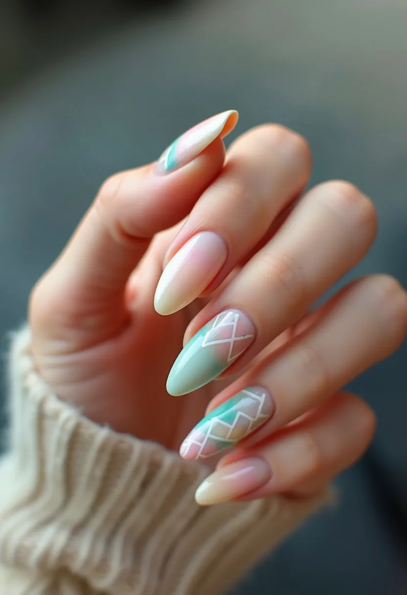 This nail design features a soft, pastel color palette with hues of pink, mint green, and light yellow blending seamlessly across the nails. The nails are almond-shaped, giving them a sleek and elongated appearance. Intricate geometric patterns adorn the middle and ring fingers, comprising white outlined diamonds and zigzags, adding a touch of sophistication and creativity. The use of what appears to be gel treatment ensures a smooth, glossy finish, enhancing the overall look. The pastel colors and delicate patterns suggest this design is perfect for a spring-themed occasion or simply to embrace a light and airy aesthetic. The design is meticulously executed, ensuring each nail complements the overall theme while retaining its unique charm.