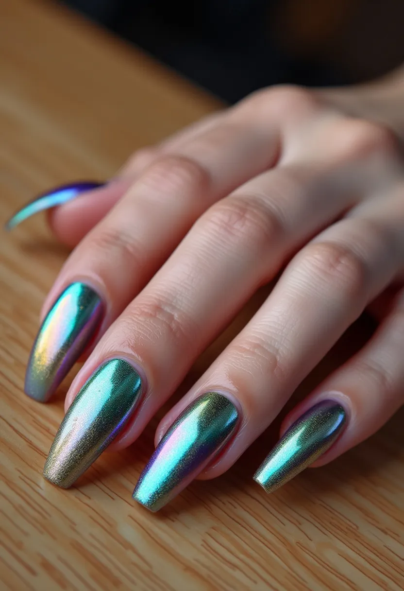 The nails feature a captivating color palette that includes iridescent hues of green, blue, purple, and gold, creating a mesmerizing metallic effect. The shape of the nails is long and slightly tapered, commonly referred to as coffin or ballerina shape. The reflective, holographic finish indicates that a chrome powder might have been used, likely in combination with a gel manicure for a lasting and glossy result. This design showcases a sleek and modern aesthetic, suitable for various occasions due to its eye-catching and versatile nature. The overall look is futuristic and chic, making it an excellent choice for those looking to make a bold fashion statement.