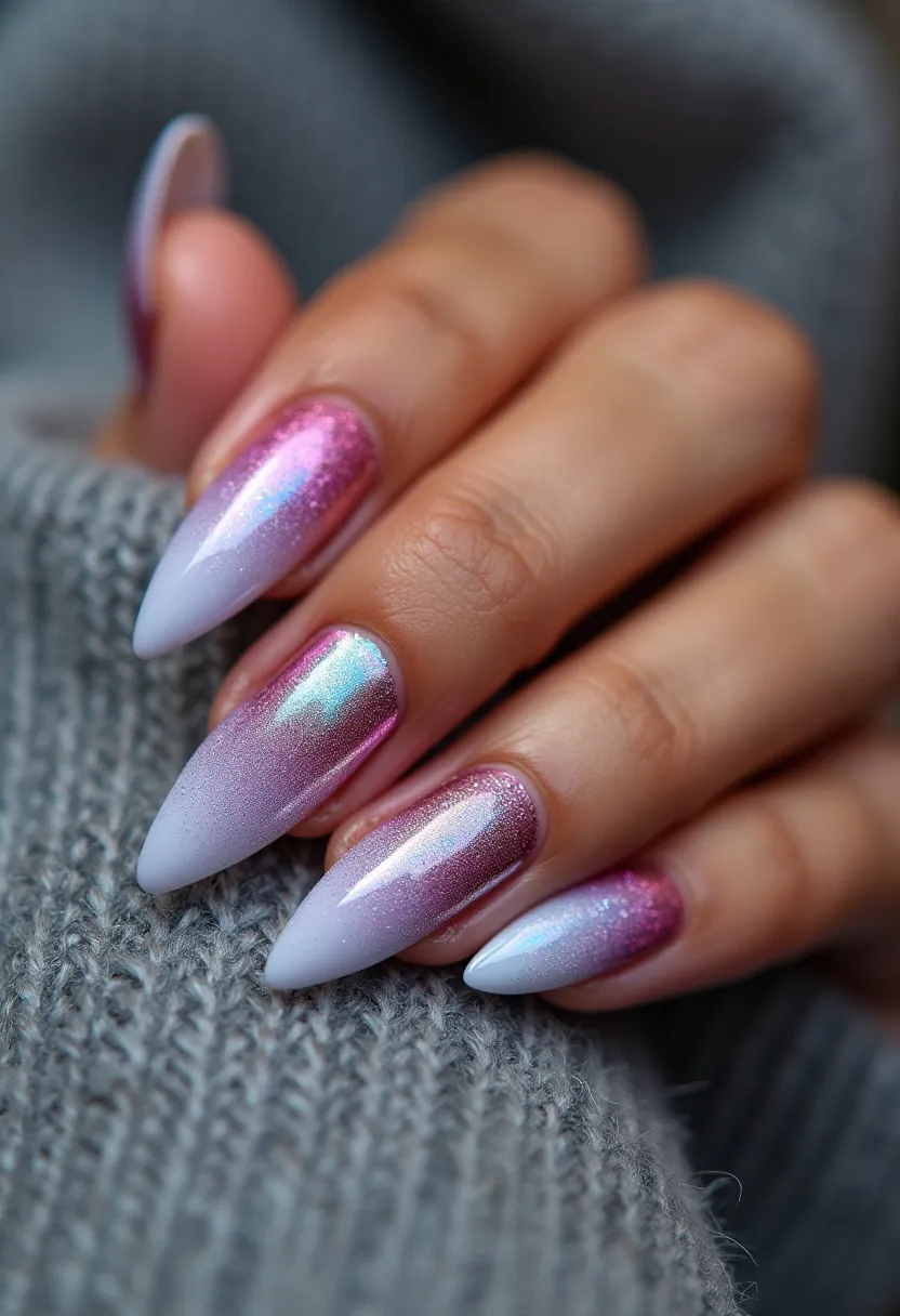 The nail design features long, almond-shaped nails, showcasing a captivating use of color and gradient effects. The nails exhibit a sophisticated color palette, transitioning from a shimmery pink at the base to a soft, pastel purple towards the tips, creating an ombre effect. This gradient is enhanced with a metallic sheen, giving the nails a luminescent quality. The intricate application of the shimmer suggests the use of gel polish, which is known for its smooth, glossy finish and durability. The design is elegant and could be suitable for a variety of special occasions, from weddings to holiday parties, given its refined and festive appearance. The choice of colors and the shimmer also reflect a winter or early spring theme, adding a touch of seasonal charm.