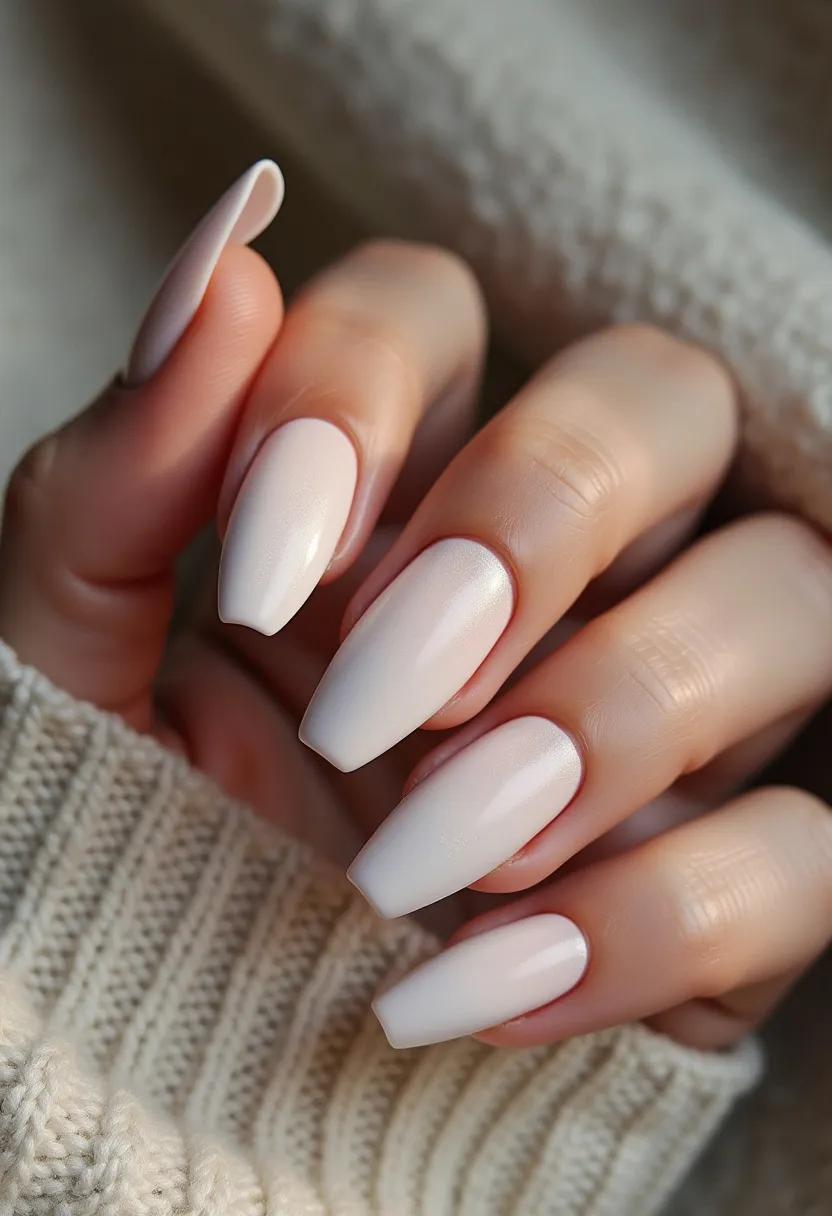 The nail design features a soft and elegant color palette of light pink, giving a sophisticated and clean look. The nails are shaped in a long, coffin style, with smooth edges and a slight taper towards the tip. The finish appears to be a gel treatment, providing a glossy and durable shine. There are no intricate patterns or decorations on the nails, highlighting their simplicity and classic appeal. The overall design, with its subtle coloration and chic shape, is suitable for a range of occasions, from everyday wear to special events, and can seamlessly transition between seasons.