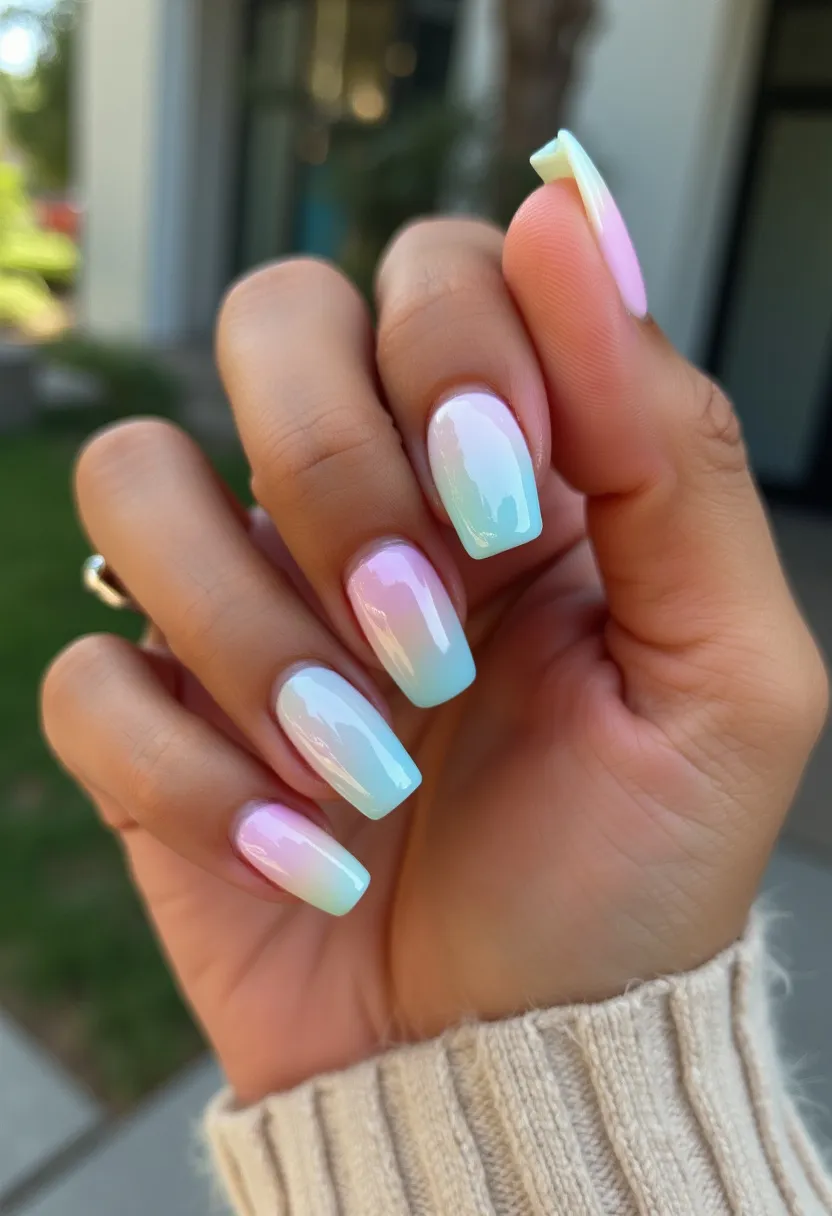 The nail design features an elegant gradient transitioning between soft pastel shades of pink, blue, and pale green, creating a serene ombre effect that is both visually appealing and soothing. The nails are filed into a neat square shape, giving them a sophisticated and well-groomed appearance. This design appears to be achieved with a glossy gel treatment, which enhances the colors and provides a lasting finish. The gradient effect is smooth and evenly blended, indicating precise and skilled application. The pastel color palette and the light, airy feel of the design make it particularly suitable for spring or summer themes, or for occasions such as weddings or garden parties where a delicate and fresh nail look is desirable.