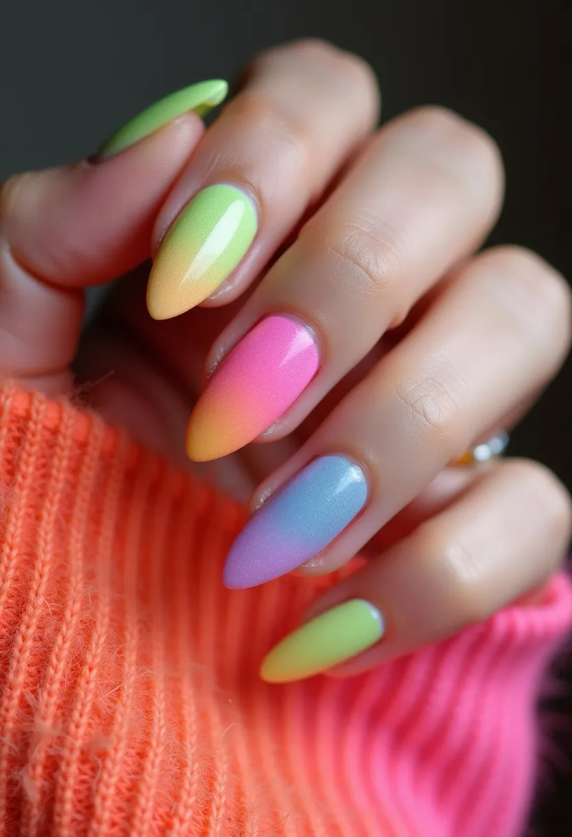 The nail design features a vibrant color palette that includes soft gradients of green, yellow, pink, and blue. The nails are shaped in a stiletto style, characterized by their sharp, pointed tips. Each nail exhibits an ombre effect, seamlessly blending from one color to another, creating a smooth gradient transition that gives a lively yet elegant feel. The glossy finish suggests a gel nail treatment, providing a high-shine look that enhances the vividness of the colors. This nail art is likely suitable for spring or summer seasons due to the bright and cheerful colors, and could also be ideal for special occasions such as festivals or celebrations that embrace bold and colorful themes.