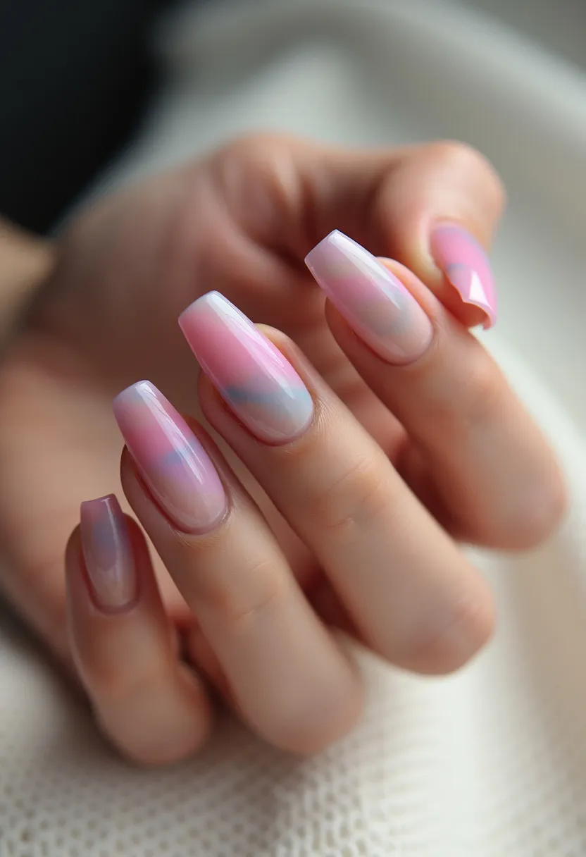 The nail design showcases an elegant and subtle palette featuring soft pink tones blended into translucent blue hues, creating a delicate gradient effect. The nails are medium-length with a coffin or ballerina shape, offering a modern yet refined silhouette. The intricate patterns include a smooth transition of colors that gives an airy, ethereal feel, suggesting a watercolor-inspired design. The polished and glossy finish indicates a gel treatment which enhances the shine and durability of the manicure. This design could be appropriate for a variety of occasions, including weddings or springtime events, due to its sophisticated and timeless appeal.