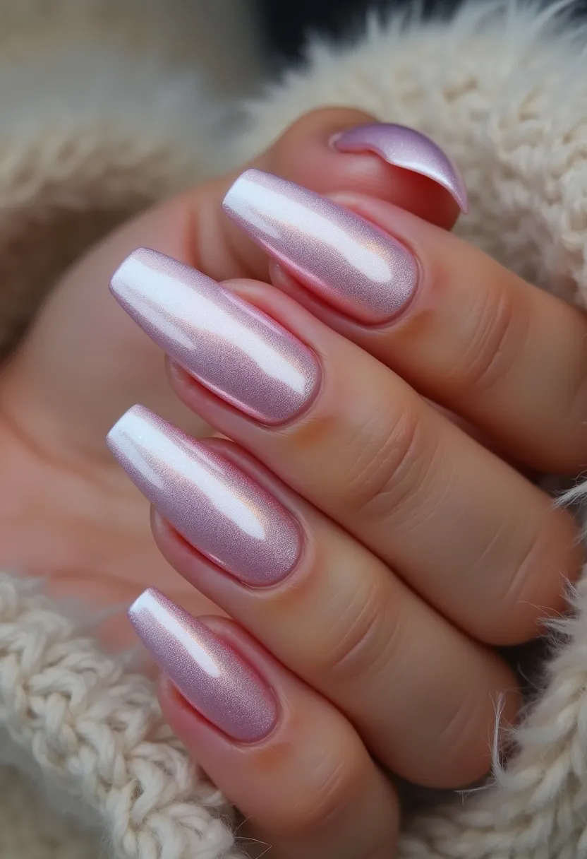 The nail design features long, almond-shaped nails with an elegant pearl-like finish. The color palette includes a soft, iridescent pink with a subtle shimmer, creating a sophisticated and polished look. The nails appear to be treated with a gel polish, given their glossy and smooth surface, which is characteristic of gel manicures. This design does not incorporate any intricate patterns or additional decorations, emphasizing its simplicity and elegance. The reflective, shimmery quality of the polish makes this nail design suitable for special occasions or even as a refined choice for everyday wear. The soft pink hue suggests a timeless and versatile style, making it appropriate for various seasons.