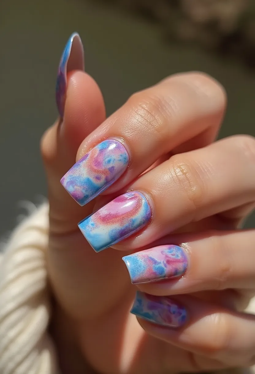 The nail design showcases a vibrant and dreamy color palette composed of soft blues, pinks, and purples, creating a tie-dye or watercolor effect. The nails are shaped in a squared-off style with a moderate length, providing a modern and elegant appearance. Intricately blended hues add to the ethereal and cloudy aesthetic of the design. The glossy finish suggests that a gel nail treatment has been used, ensuring a shiny and long-lasting result. This artistic expression on nails makes it suitable for spring or summer seasons, invoking a sense of whimsical and airy beauty.