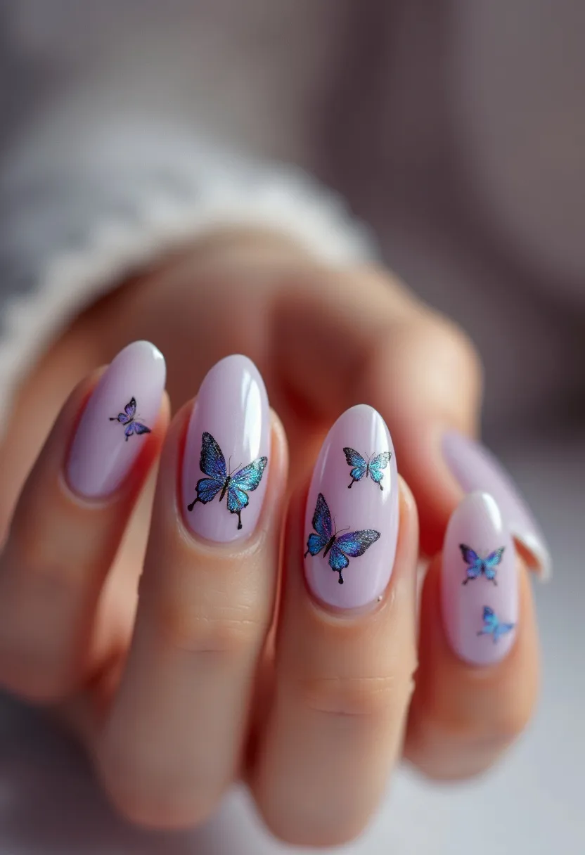 The nail design features a soft and muted pastel lavender color as the base, giving it a delicate and feminine appeal. The nails are shaped in an elegant almond form, adding a touch of sophistication. The decoration is centered around intricate blue and purple butterfly decals, each butterfly varying slightly in its position and configuration, adding depth and interest to the overall design. The finish suggests a gel treatment, indicated by the smooth, glossy appearance and durability showcased. This nail design, with its whimsical butterflies and gentle hue, could be ideal for spring or summer, evoking themes of renewal and the beauty of nature.