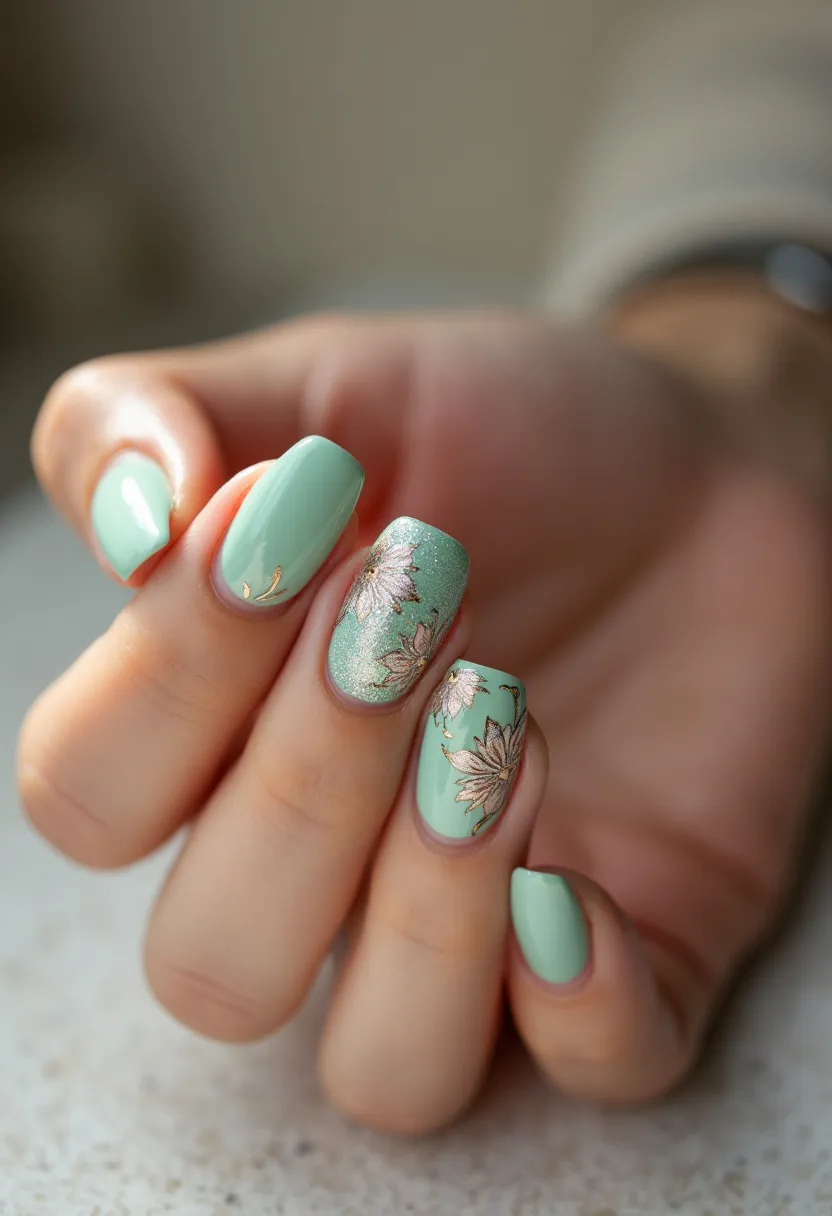 The nail design features a lovely pastel green color palette with a square nail shape, lending a sophisticated yet playful look. One nail on each hand is adorned with intricate floral patterns created with gold accents and white details, adding an artistic flair to the design. Additionally, the highlighted nail has a subtle glitter overlay giving it a shimmering effect. This suggests the use of gel polish for its smooth and glossy finish. The delicate floral designs and soft green tones hint at a springtime theme, perfect for seasonal festivities or a sophisticated everyday look.