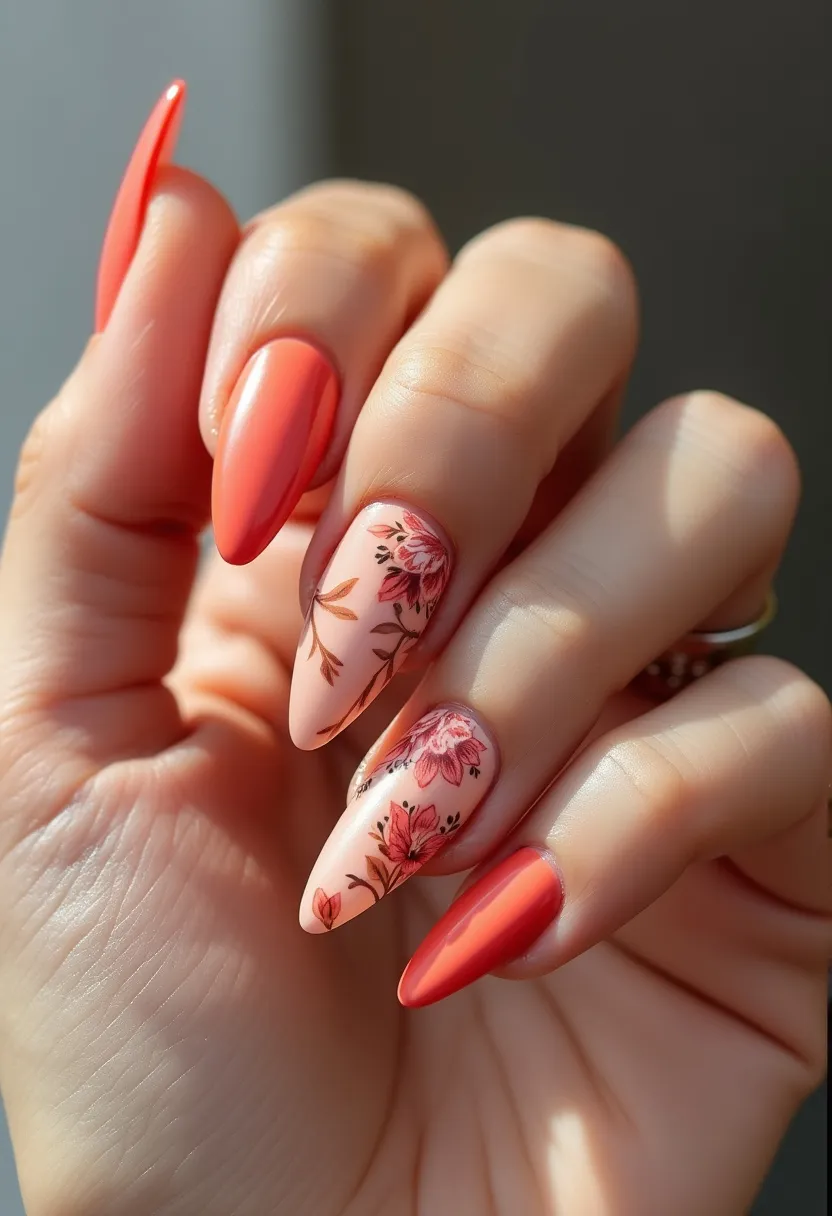 The nail design features a vibrant and sophisticated color palette, predominantly using a coral-orange hue paired with a soft, pastel pink base on some nails. The nails are shaped in a long, almond style, providing an elegant and extended look. Intricate floral patterns with delicate pink and brown detailing adorn the accent nails, depicting a botanical theme with flowers and leaves, adding a touch of nature-inspired art to the design. This design appears to utilize gel treatment, providing a glossy and durable finish. The floral motif suggests a seasonal theme suitable for spring or summer, celebrating nature and vibrant colors. The meticulous artwork and cohesive color scheme create a harmonious and eye-catching nail design perfect for special occasions or everyday elegance.