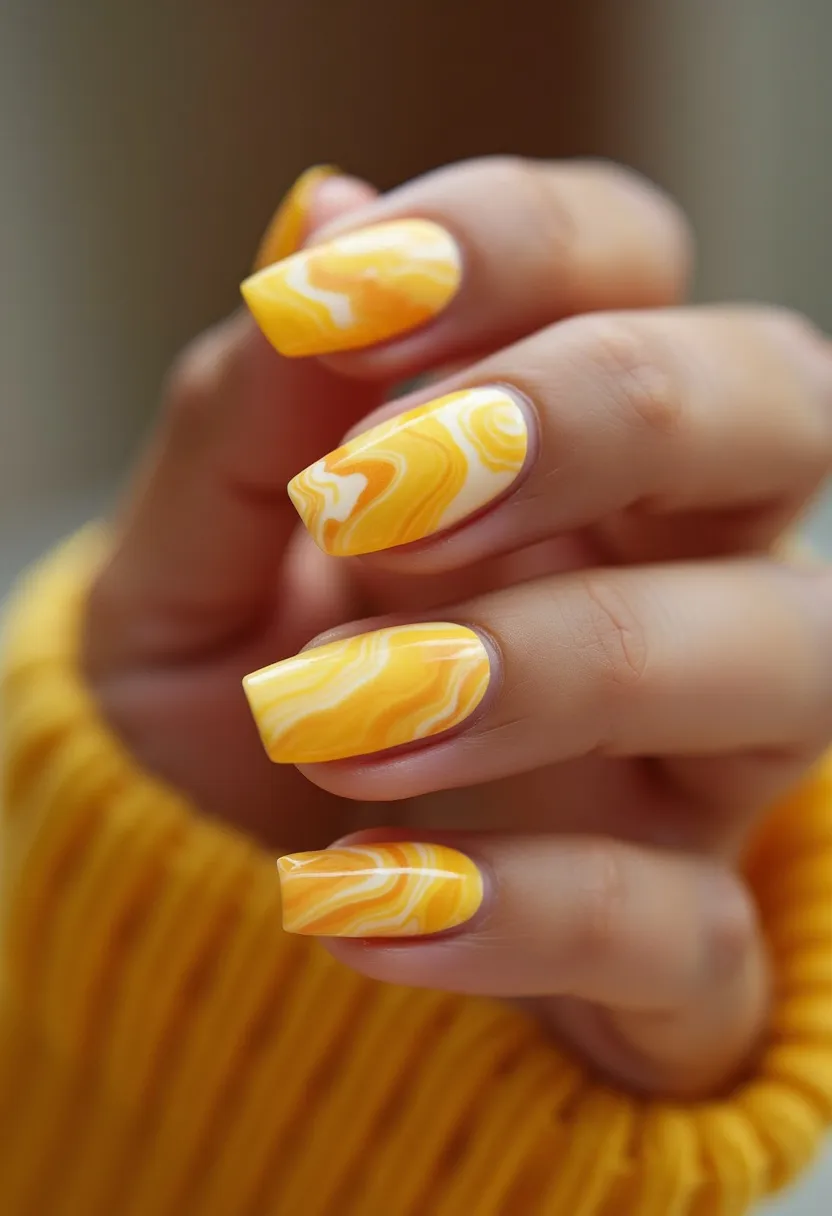 The nail design features a bright and cheerful yellow color palette accented with white swirls. The nails are shaped in a medium-length, square style. An intricate marbled pattern decorates the nails, combining varying shades of yellow, orange, and white to create a vibrant, eye-catching look. This design appears to be a gel manicure, given its smooth, glossy finish. The marbling effect adds a playful and dynamic element that is perfect for a summer or spring theme, making this design suitable for warm-weather occasions and festive celebrations. The consistent and well-executed pattern indicates professional application, highlighting the uniqueness and creativity of the design.