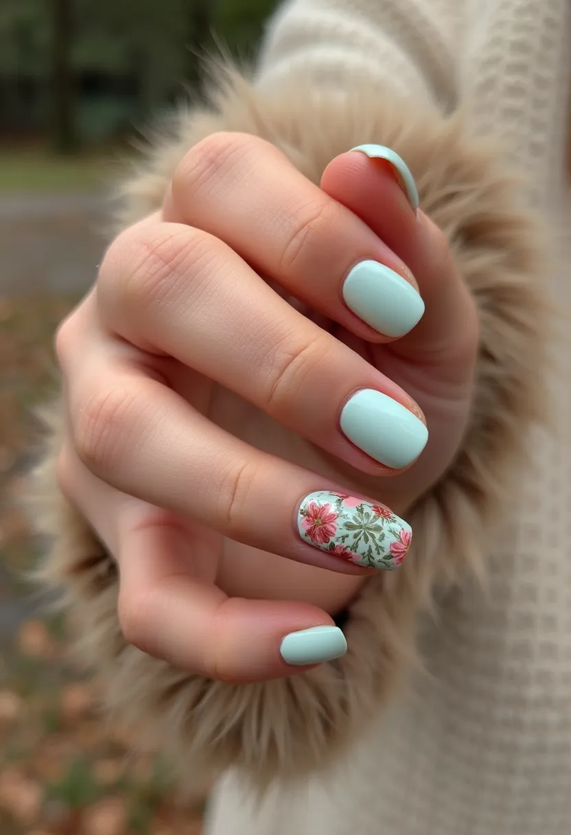 The nail design features a soft pastel mint green color palette, which exudes a fresh and calming vibe, suitable for spring or summer seasons. The nails are shaped into a short and neatly rounded square, offering a clean and polished look. A unique detail is the intricate floral pattern on the ring fingernail, consisting of delicate pink and green flowers against a similar mint background, adding a touch of artistry and elegance. The nails appear to have a gel treatment, providing a smooth and glossy finish that enhances the overall appearance. This design is both charming and understated, making it suitable for everyday wear or special occasions such as weddings or garden parties.