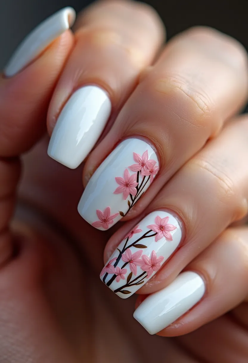 The nail design features a predominantly white color palette serving as the base, providing a clean and elegant canvas. The nails are shaped in a classic, slightly rounded square form which adds to their sophisticated appearance. The most striking aspect of the design is the intricate floral pattern adorning the accent nails, depicting delicate pink blossoms with fine brown branches and green leaves. This intricate artwork suggests a gel or acrylic nail treatment for the smooth and glossy finish. The floral motifs give the nails a spring or summer vibe, making them ideal for those seasons or for special occasions such as weddings or garden parties. The overall look is refined and artistic, balancing simplicity with detailed craftsmanship.