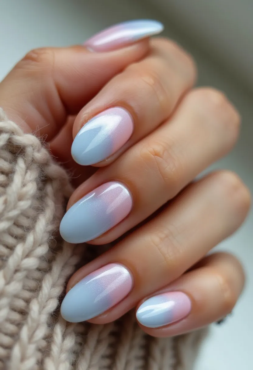 The nail design features a soft and elegant color palette comprising pastel shades of pink and blue with a subtle gradient effect, creating a delicate and sophisticated look. The nails are almond-shaped, providing a classic and elongated appearance. The design exhibits a smooth and glossy finish, indicative of a gel or shellac treatment. The polished gradient seamlessly blends the colors, giving the nails a chic, ombré effect. These nails exude a serene winter or spring theme, suitable for everyday wear or a special occasion that calls for a touch of subtle elegance. The consistent and clean application of the polish highlights the precision and care taken in achieving this look.