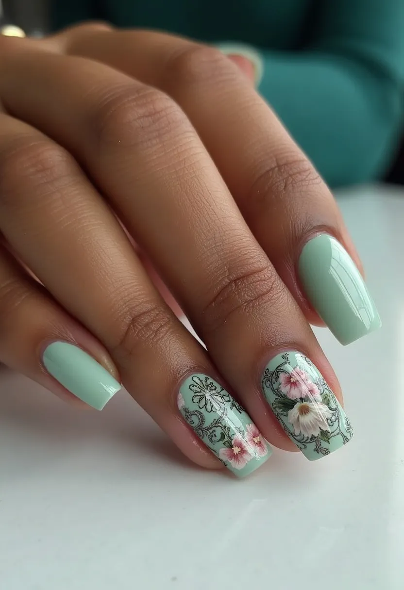 The nail design showcases a chic and elegant theme with a soft pastel mint green color palette. The nails are medium length with a square shape, providing a sophisticated canvas. The set features a glossy finish, indicating a gel or shellac treatment. On two accent nails, intricate floral patterns are beautifully detailed with delicate pink flowers, green leaves, and fine black outlines, adding a springtime vibe. This floral motif suggests a celebration of spring or perhaps a special occasion like a wedding or an outdoor event. The artistry and subtle color scheme create a harmonious and stylish look.