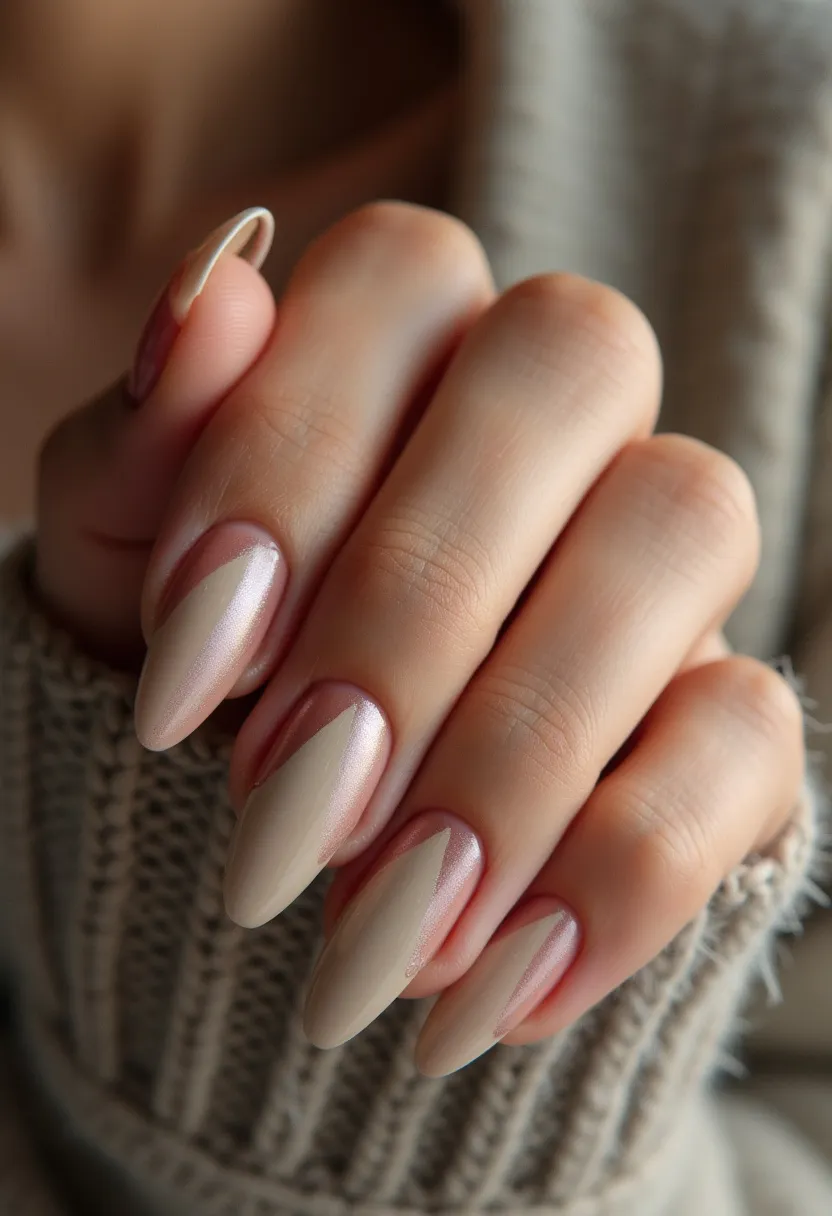 The nail design showcases long, almond-shaped nails featuring a sophisticated and elegant color palette dominated by neutral shades. The base color appears to be a soft, shimmering champagne with a glossy finish likely achieved through gel or shellac treatment for its longevity and shine. This base is complemented by a striking matte beige overlay, creating an intricate geometric pattern where the two colors meet in a sharp, angled design near the cuticles. The overall appearance is minimalist yet chic, suitable for formal occasions or as a stylish everyday look. The subtle shimmer and clean lines suggest a refined and modern aesthetic perfect for any season.