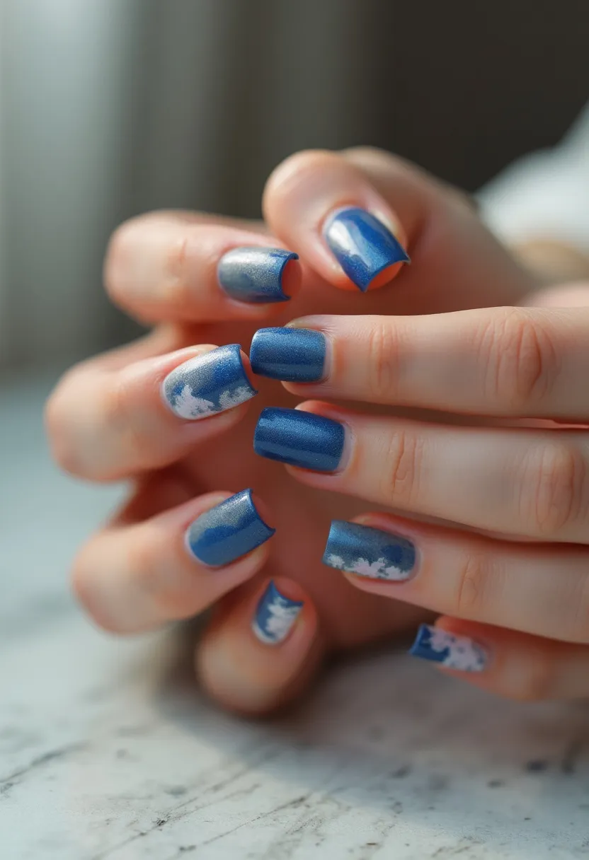 The nail design features a blue color palette with a shimmery finish, likely achieved through gel or dip treatment for a glossy, long-lasting result. The nails are shaped into a medium-length square form, providing a modern and clean look. An intricate decoration on some of the nails includes white cloud-like patterns, adding a whimsical and serene touch to the design. This can be associated with a seasonal theme such as spring or summer, capturing the essence of a clear, bright sky. The thoughtful combination of color and pattern creates an eye-catching and elegant appearance, suitable for both casual and special occasions.