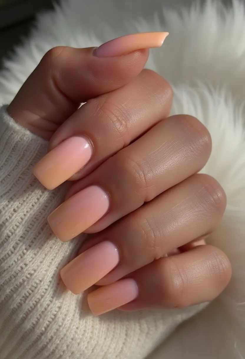 The nail design features a soft, gradient color palette transitioning from a delicate pink at the base to a subtle peach at the tips, creating a smooth ombre effect. The nails are medium length with a squared shape, giving a clean and modern appearance. The finish suggests a gel nail treatment, indicated by the smooth and shiny surface which adds to the design's refined look. The subtle and elegant color choices make this design suitable for various occasions, including everyday wear or special events, aligning well with a spring or summer theme. There are no additional intricate patterns or decorations, allowing the gradient effect to be the focal point of the design.