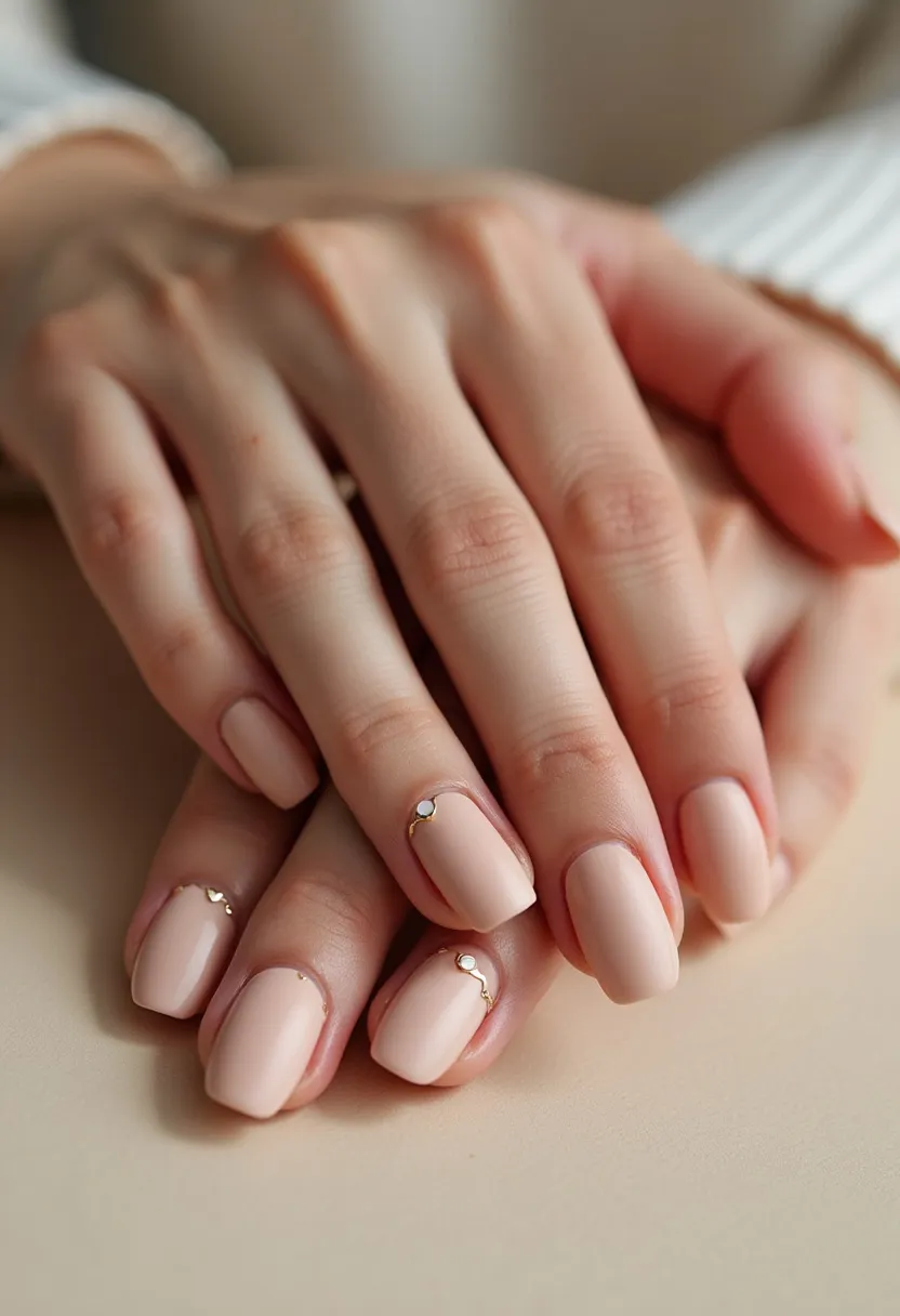 The nail design features a soft and elegant nude color palette with a matte finish, which enhances its subtle sophistication. The nails are shaped in a classic square form, providing a neat and polished appearance. Each nail is adorned with delicate gold accents near the cuticle area, consisting of thin lines and small circular studs, adding a touch of luxury and refinement. The decorations are minimalist yet intricate, giving the nails a distinct and chic appeal. This design likely uses gel polish, known for its long-lasting and smooth finish. The overall look is perfect for formal occasions or to add a touch of elegance to everyday wear.