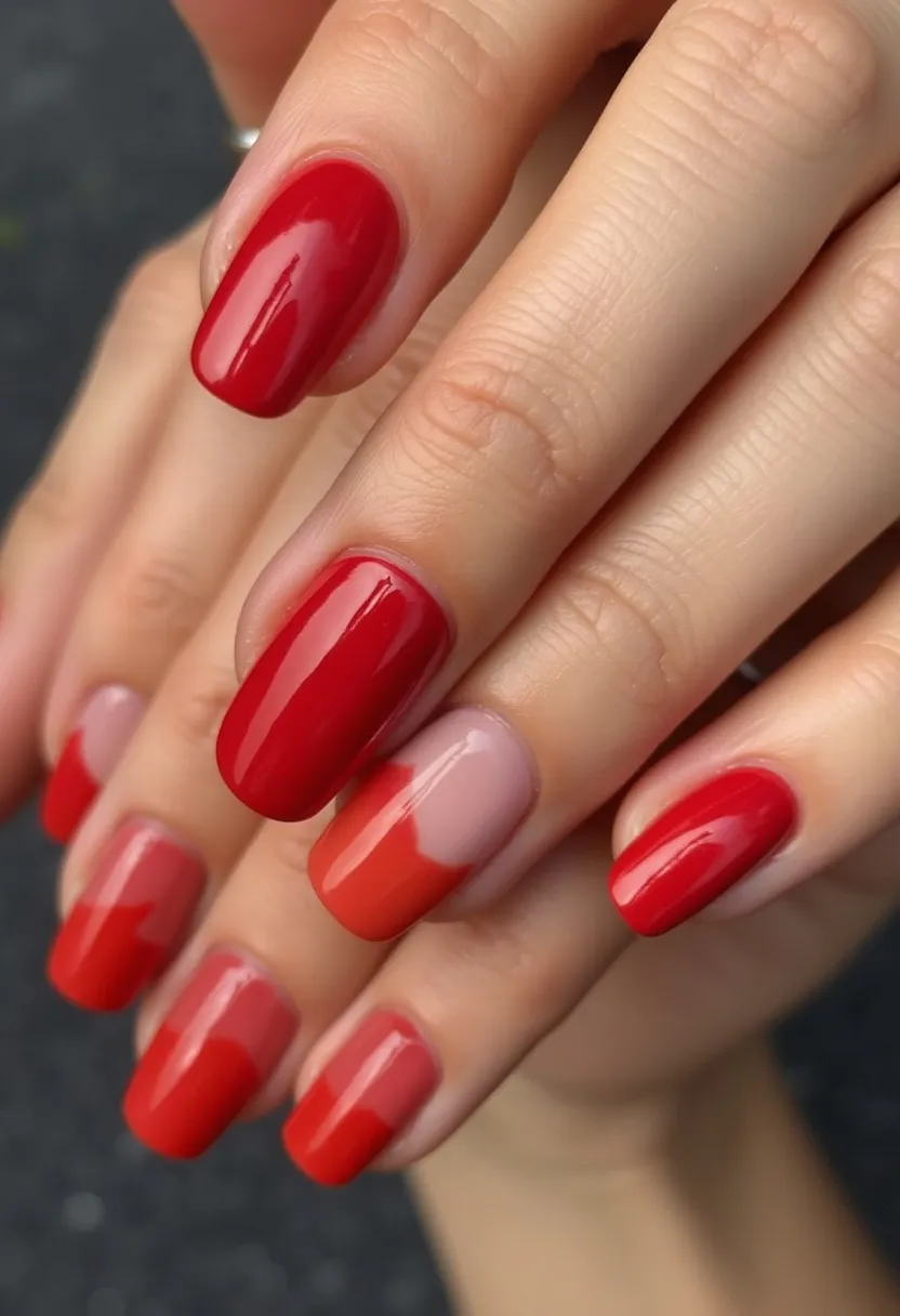 This nail design features a vibrant color palette dominated by shades of red, with a striking contrast of nude and different tones of red on one accent nail. The nails are shaped in a medium-length, slightly rounded square form, known for its balance between classic elegance and modern style. The intricate pattern on the accent nail includes a nude base with a red geometric design at the tip, adding a creative twist to the overall look. The high-gloss finish suggests the use of gel or shellac treatment, enhancing the color's vibrancy and ensuring lasting durability. The rich red tones and sophisticated design make this nail art suitable for the autumn season or festive occasions, exuding warmth and elegance.