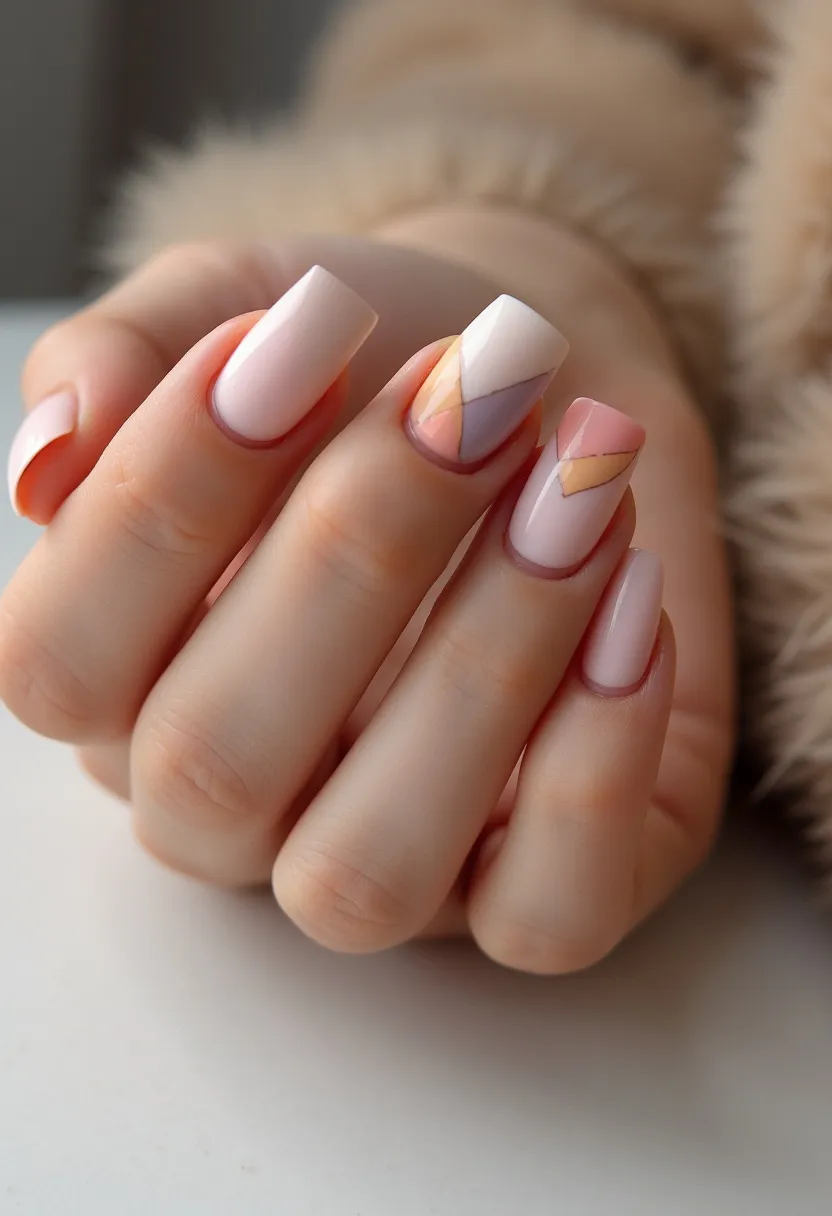 The nail design features a sophisticated and modern aesthetic with a color palette consisting primarily of soft pink, white, lavender, and subtle accents in yellow and peach. The nails are shaped in a square style, providing a polished and neat overall appearance. The intricate patterns on the nails include geometric shapes, particularly on the middle and ring fingers, creating a stylish and artful effect. This multifaceted design incorporates either shellac or gel treatment, giving the nails a smooth and glossy finish. The light, pastel colors and clean lines could suggest a springtime theme, suitable for a season characterized by renewal and subtle elegance.