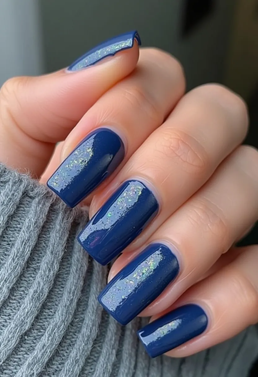 This nail design features a rich, deep blue color palette with an overlay of iridescent glitter accents on each nail, adding a touch of sparkle and dimension. The nails are shaped in a medium length, square form, providing a modern and stylish look. The iridescent glitter enhances the blue base, creating a subtle yet captivating contrast. This manicure appears to be a gel treatment, evidenced by its glossy finish and smooth application. The design is versatile, making it suitable for various seasons or special occasions, particularly fitting for winter holidays or elegant evening events.