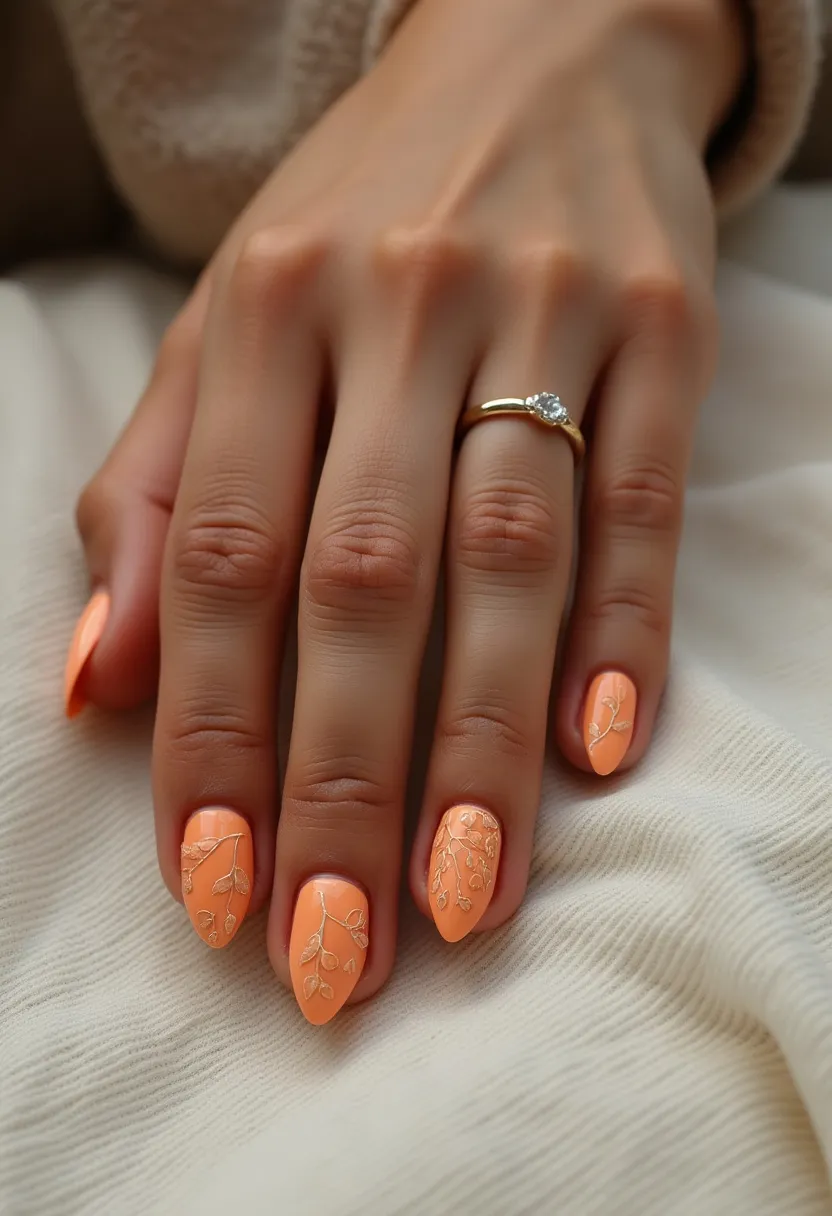 The nail design features a vibrant warm peach color palette that exudes a summery and fresh vibe. The nails are shaped in a stylish, almond form which elongates the fingers and provides an elegant look. Each nail presents an intricate design of delicate, gold leafy patterns, adding a touch of sophistication and artistic detail. The polish has a glossy finish, suggesting a gel or possibly shellac treatment, known for their smooth and long-lasting qualities. This nail design is detailed and suitable for elegant summer events or special occasions, bringing a touch of nature-inspired beauty to the wearer's appearance.