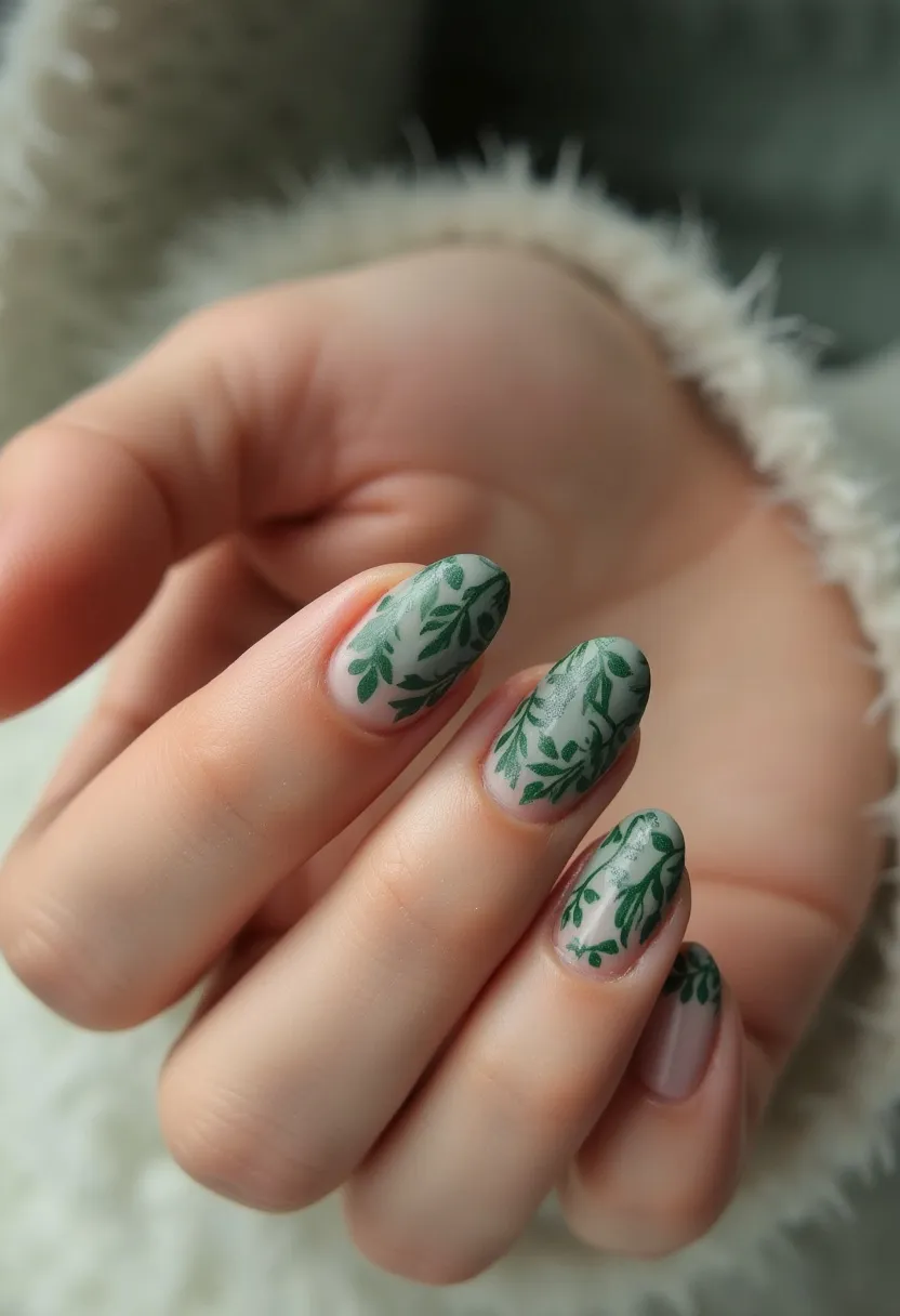 The nail design features a stylish and sophisticated palette predominantly composed of muted green shades on a neutral base, creating an elegant contrast. The nails are shaped in an oval form, enhancing the overall graceful appearance. Intricately detailed patterns of leafy vines are painted delicately across the top surface of the nails, showcasing excellent craftsmanship. This design suggests a gel nail treatment, given its smooth and well-maintained finish. The leafy motif hints at a seasonal theme, possibly inspired by spring or summer, encapsulating the freshness and growth of nature. The artwork is detailed yet subtle, making it suitable for both daily wear and special occasions, adding a touch of nature-inspired elegance to the overall look.