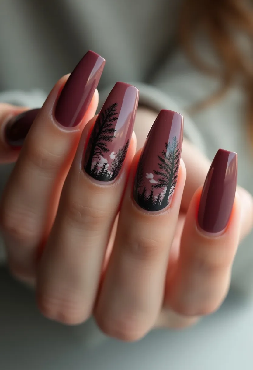 The nail design features a deep mauve color palette applied to long, square-shaped nails. The nails have a smooth, glossy finish, indicating a gel or shellac treatment for durability and shine. Two of the nails showcase an intricate pattern of silhouetted pine trees in black against the mauve background, with subtle touches of white to illustrate clouds or mist, creating a serene, nature-inspired scene. This detailed artwork suggests a professional, hand-painted technique, making the design suitable for autumn or winter seasons, evoking images of a calm forest landscape. The combination of the dark, rich base color with the meticulous tree details highlights a sophisticated and artistic approach to nail art, ideal for a special occasion or simply for those who appreciate detailed, theme-centric manicure designs.