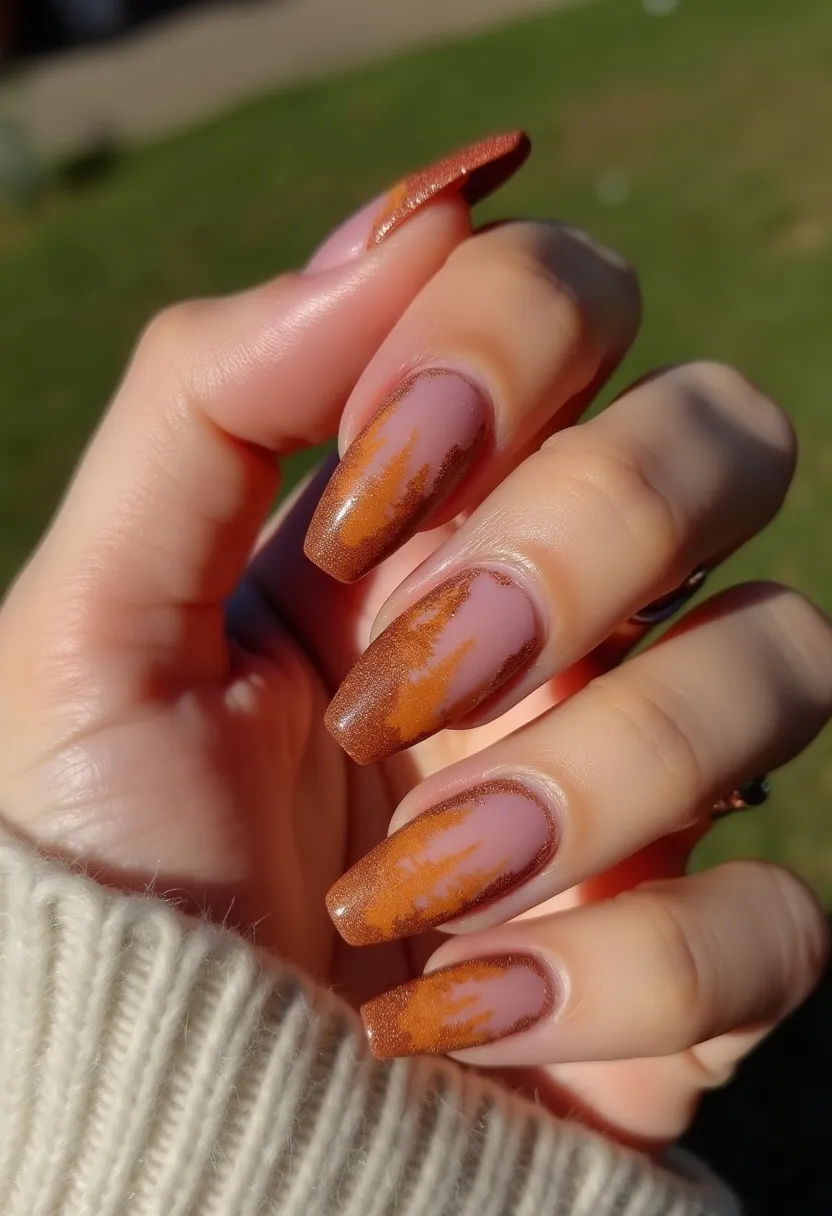 This nail design features a captivating autumnal color palette with rich shades of maroon and golden-bronze. The nails are shaped into a long, elegant coffin style, accentuating the detailed artistry. The main visual element is a gradient effect that transitions from a deep maroon at the cuticle to the golden-bronze near the tips, with a soft, fluid gradient in between. The maroon area is subtly embedded with fine glitter, adding a touch of shimmer and catching the light beautifully. The design is likely created using gel polish, given the glossy finish and durability indicated by the nail length. This design exudes an autumn theme, perfect for the fall season, with its warm, earthy tones and sophisticated blend of colors.