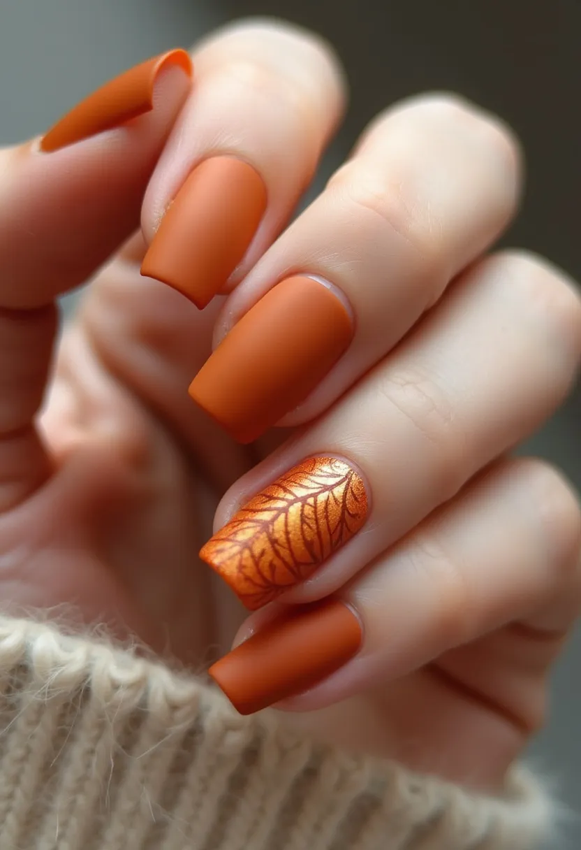 The nail design showcases a vibrant autumnal theme with a solid burnt orange color palette that exudes warmth and coziness, perfect for the fall season. The nails are medium in length and shaped in a square form, providing a modern and edgy aesthetic. One nail on each hand features a matte finish with an intricate leaf pattern, adding a touch of nature-inspired decoration that enhances the seasonal theme. The detailed leaf design is painted in a shimmering bronze hue, which creates a striking contrast against the matte background. The use of gel polish is evident, giving the nails a sleek and durable finish that emphasizes the overall design's elegance and sophistication.