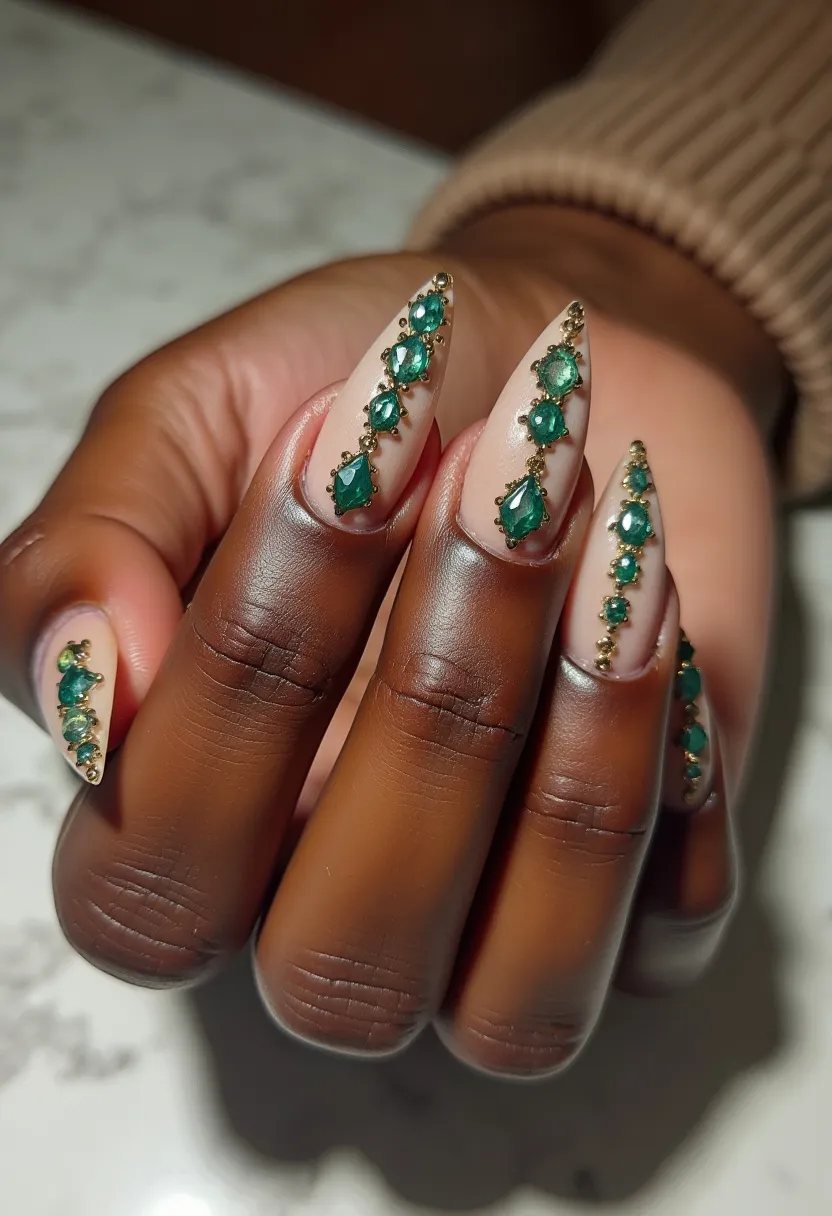 The nail design features a sophisticated palette predominantly comprising a nude base color complemented by intricate green gem patterns. The nails are shaped into sharp stilettos, accentuating an elegant yet edgy look. Each nail is adorned with a vertical row of emerald-green gems, varying in size and shape, including teardrop and round cuts, and intricately bordered with gold beads, adding a luxurious detail. The overall design appears to use gel or acrylic treatment, ensuring a glossy and durable finish. This elaborate and opulent design hints at a possible special occasion or festive theme, exuding a regal touch.