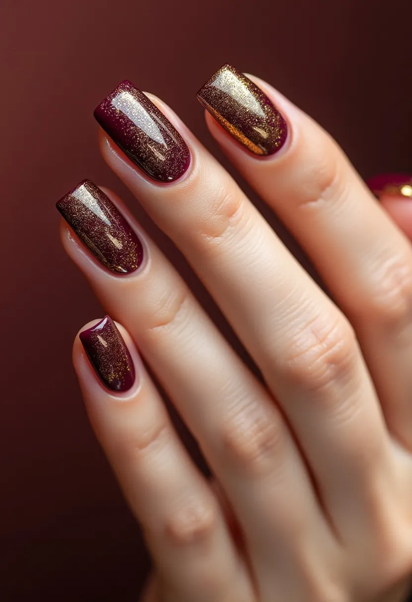 The nail design features a rich, exquisite color palette dominated by a deep burgundy base, elegantly interspersed with shimmering gold accents. The nails are neatly shaped with a glossy, squared-off tip, offering a modern and stylish appearance. The intricate pattern showcases a gradient effect, where the glittering gold blends seamlessly into the darker burgundy hue, creating a striking visual contrast. The high-gloss finish suggests the use of a gel nail treatment, known for its durable and sleek look. This sophisticated design is ideal for fall or winter seasons, bringing warmth and festivity, and could also be suitable for special occasions such as holidays or elegant events.