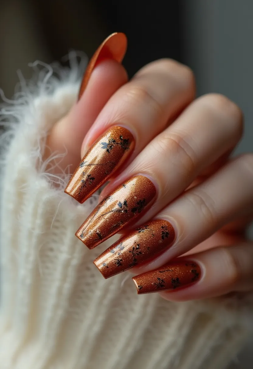 The nail design features a rich, metallic copper color palette that exudes a warm and festive autumnal vibe. The nails are long and have a coffin shape, giving them a sophisticated and elongated appearance. Intricate black floral patterns delicately adorn each nail, adding a touch of elegance and contrast against the shimmering copper base. The glossy finish suggests that the nails are treated with gel polish, ensuring durability and a high-shine look. This design is perfect for the fall season, capturing the essence of changing leaves and the cozy atmosphere associated with this time of year.