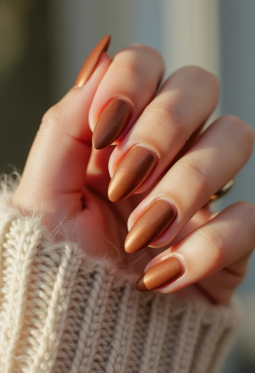 This nail design features a striking autumnal palette, predominantly showcasing a smooth, metallic copper hue. The nails are shaped in a graceful almond form, enhancing the elegance of the overall look. The metallic sheen adds a touch of sophistication and depth to the design. This particular nail treatment appears to be a gel application, given the glossy, durable finish. The rich, warm tones and sleek design align beautifully with fall aesthetics, making it a perfect choice for the autumn season.