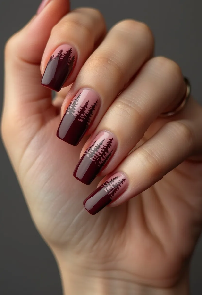 The nails feature a seasonal and sophisticated design with a deep burgundy color palette. They are almond-shaped, offering a chic and stylish look. Each nail displays an intricate pattern of silhouetted pine trees against a gradient background that transitions from a natural nude base to the rich burgundy tips, creating a compelling wintry scene. This design appears to be achieved using gel polish, given its glossy finish and smooth application. The detailed pine tree artwork and the rich, warm tones evoke a winter or holiday theme, perfect for showcasing during festive occasions.