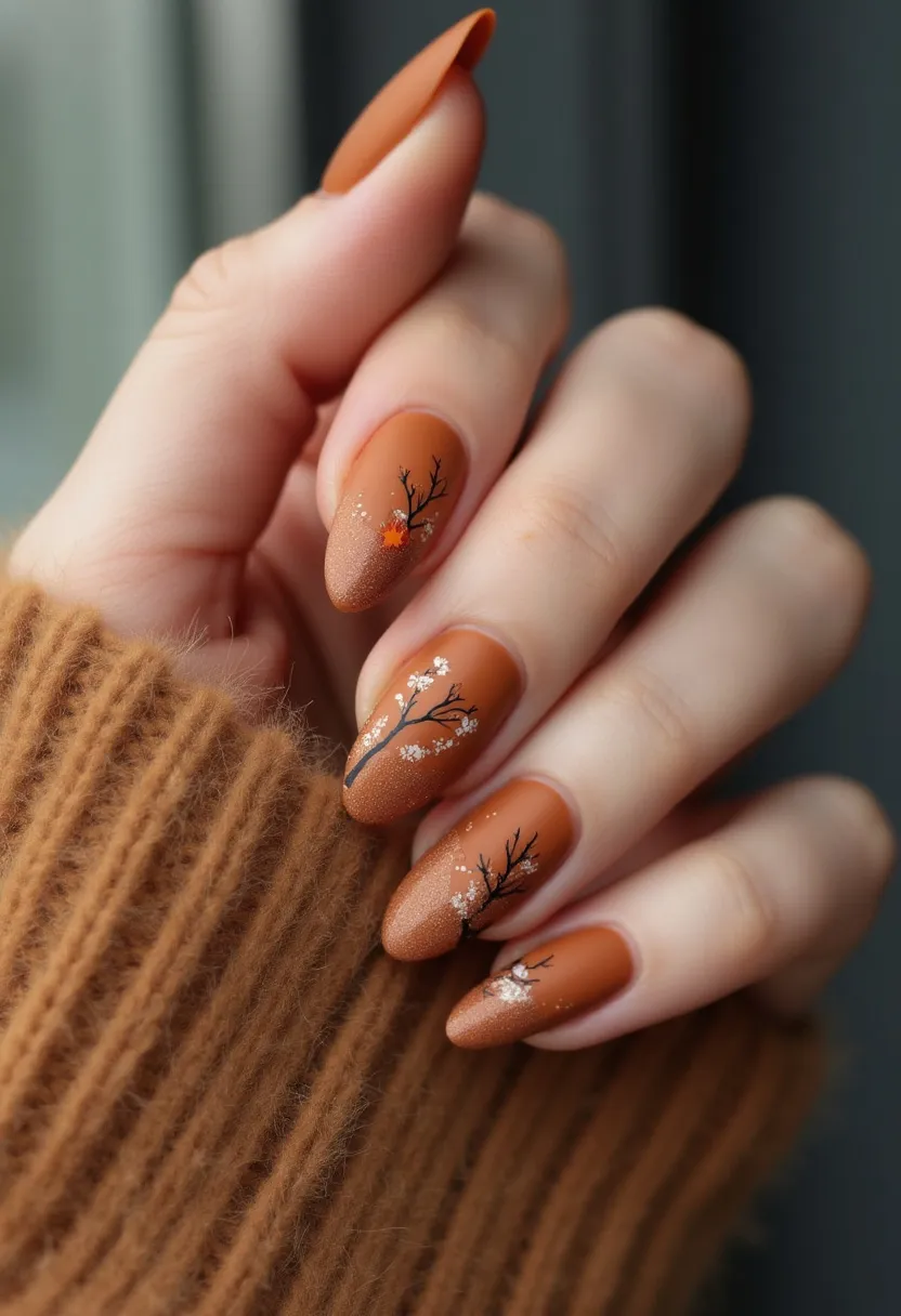 The nail design features a sophisticated autumn-inspired theme, utilizing a warm and rich color palette of russet and muted brown tones. The nails are shaped in an almond style, enhancing the elegance of the design. Each nail showcases intricate hand-painted patterns, with delicate branches and small blossoms, evoking a late autumn ambiance. Subtle glitter accents add a hint of sparkle to the tips, enhancing the seasonal charm. The use of gel polish ensures a glossy and resilient finish, ideal for longer wear. This design is perfect for embracing the fall season with a touch of natural beauty and sophistication.