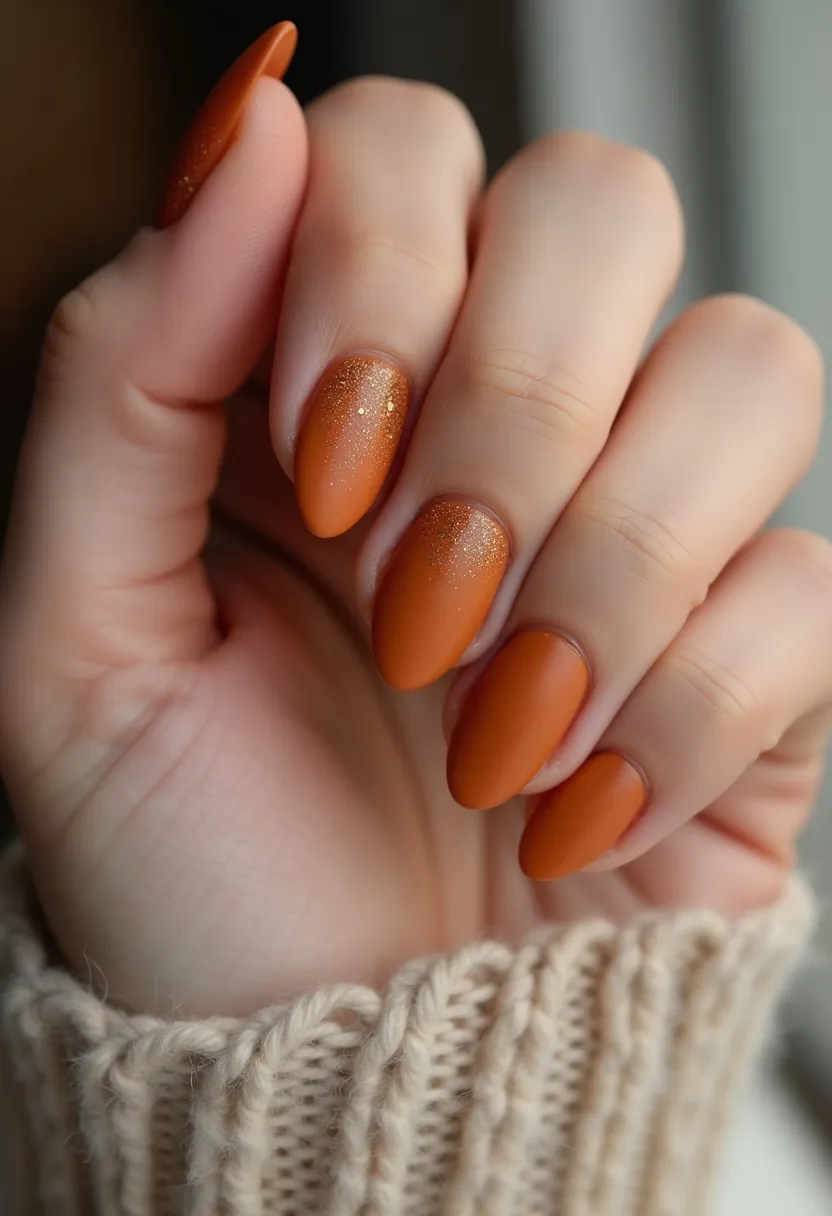 The nail design features a warm and inviting palette of burnt orange with subtle glitter accents, creating a cohesive and elegant look. The nails are shaped into a smooth almond silhouette, offering a balance between classic and striking. Some nails have a delicate gradient effect with fine golden glitter towards the tips, adding a touch of sparkle and sophistication. The overall treatment appears to be gel-based, given the smooth finish and rich color payoff. This design exudes an autumnal theme, making it perfect for the fall season, evoking a cozy and stylish aesthetic.