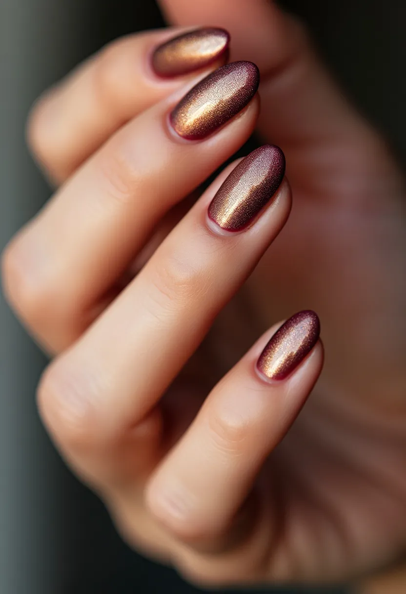 The nail design features a stunning, shimmery ombré effect with a color palette that transitions from a rich burgundy at the base to a glowing gold at the tips. The nails are shaped in an elegant almond form, enhancing the overall sophisticated look. The finish appears to be done with gel polish, giving the nails a high-gloss, smooth surface that accentuates the gradient effect beautifully. This intricate design, with its warm, metallic tones, is perfect for the fall season or special occasions like festive gatherings, adding a touch of luxury and elegance to any ensemble.