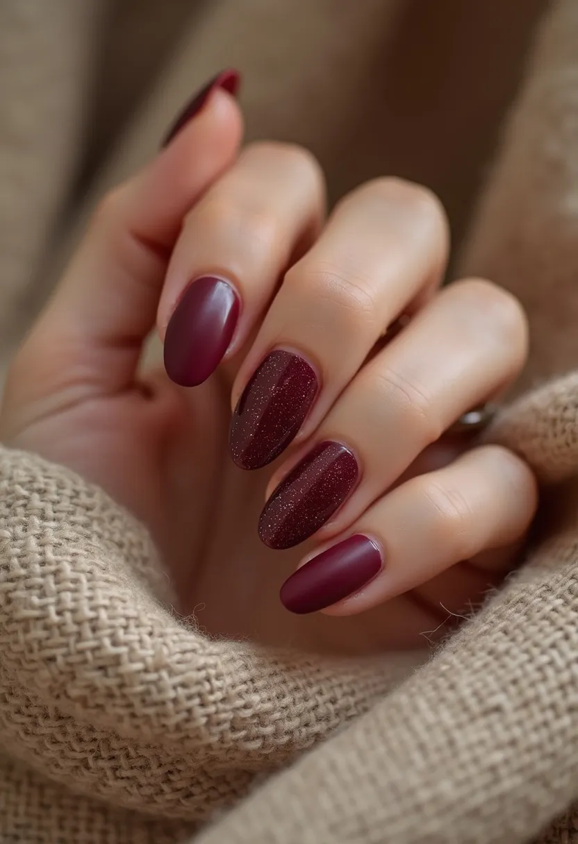 The nail design features a harmonious color palette predominantly of deep burgundy shades. The nails are shaped into medium-length ovals, combining elegance with a modern touch. The design alternates between a matte and a slightly shimmery finish, adding a subtle but striking contrast. This could likely be a gel or acrylic treatment, known for their durability and smooth finish. The nails exhibit a beautifully understated glitter effect on the ring and middle fingers, giving a sense of festive sophistication, which could be perfect for a special occasion or holiday season. The deep burgundy tones and the hint of sparkle make it an ideal choice for fall or winter.