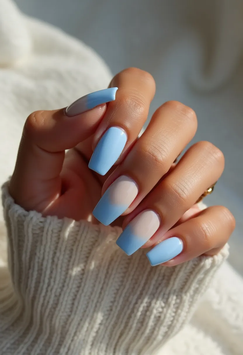 The nail design features a beautiful pastel palette with soft blue and nude tones. The nails are shaped in a modern square form, providing a clean and sophisticated look. Intricate patterns include a gradient or ombre effect, smoothly transitioning from nude at the base to pastel blue at the tips, creating a subtle yet eye-catching design. The nail treatment appears to be gel, indicated by the glossy finish and smooth application. This design is versatile and could be ideal for a serene, winter-themed look or even for a special occasion where a calm and elegant aesthetic is desired.