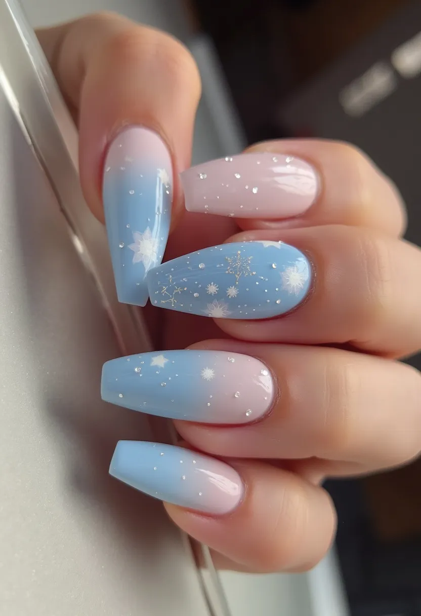 The nails showcase a stunning winter-themed design using a gradient color palette of powder blue and soft pink. The shape of the nails is long and coffin-shaped, offering ample space to display intricate details. Delicate, white snowflakes and subtle silver dots are intricately painted across the nails, enhancing the wintry feel. The nails appear to be treated with gel or acrylic for a glossy and durable finish. This design captures the essence of the winter season and would be perfect for a holiday or festive occasion, highlighting meticulous detailing and seasonal charm.