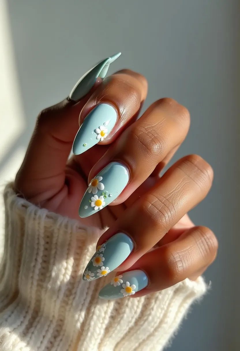 The nail design features a soothing pastel blue color palette that forms the base of the manicure. The nails are shaped in a stiletto style, providing a sharp and elegant look. Decorative details include intricately painted flowers resembling daisies, with white petals and yellow centers, along with subtle green accents that represent leaves and give a fresh springtime feel. Small, delicate, three-dimensional beads are also added to accentuate the floral design, providing a textured and intricate detail to the overall look. The nail treatment appears to be gel, giving a high-shine and glossy finish, ensuring durability and a sleek appearance. This charming and vibrant design is perfect for spring, with a hint of whimsy suitable for special occasions or just a playful everyday look.