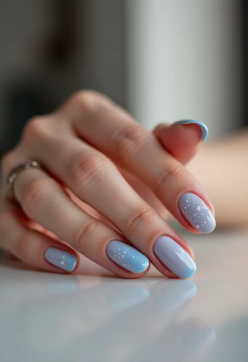 The nail design features a soft pastel color palette, with a primary focus on shades of light blue and lilac. The nails are shaped in a rounded oval style, providing a classic and elegant look. The design incorporates an intricate pattern of white dots, resembling delicate snowflakes or a starry night sky, which adds a whimsical touch to the nails. The nails appear to be treated with gel polish, offering a glossy, smooth finish that enhances the overall design. This particular nail design could be perfect for a winter season theme or a special occasion where a touch of subtle sophistication is desired. The soft hues and delicate patterns contribute to a gentle, yet distinguished aesthetic.