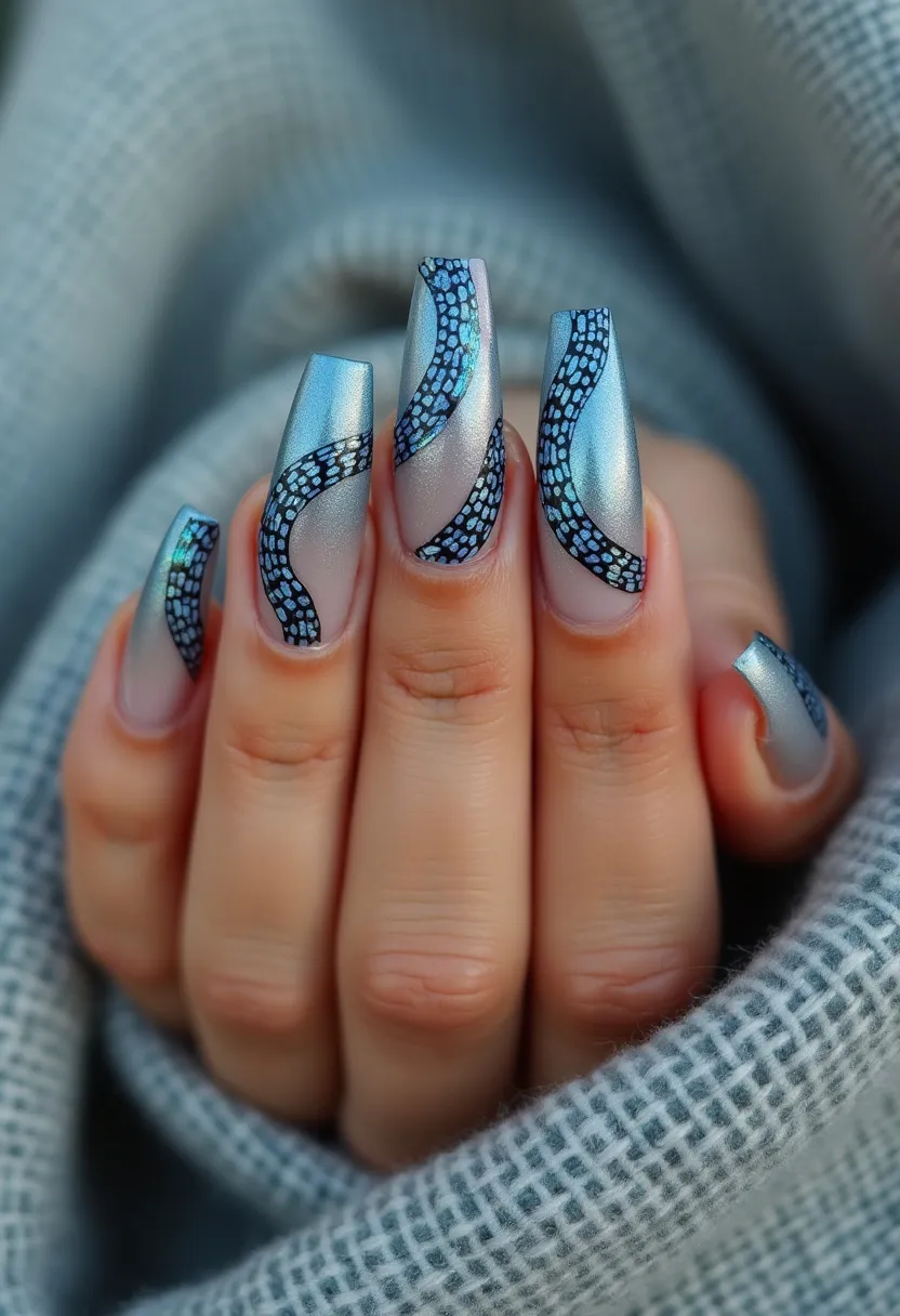 These nails feature a chic and modern design, utilizing a cool color palette dominated by metallic blue tones. The nails are elongated and styled into a square shape with sharply defined edges. The design boasts intricate patterns that include abstract swirling lines filled with a mosaic-like texture, creating a visually striking contrast against the metallic blue base. This nail art appears to be meticulously done, possibly using gel or acrylic for the smooth, durable finish. The overall design is sophisticated and artistic, suitable for special occasions or seasonal events like winter or festive parties.