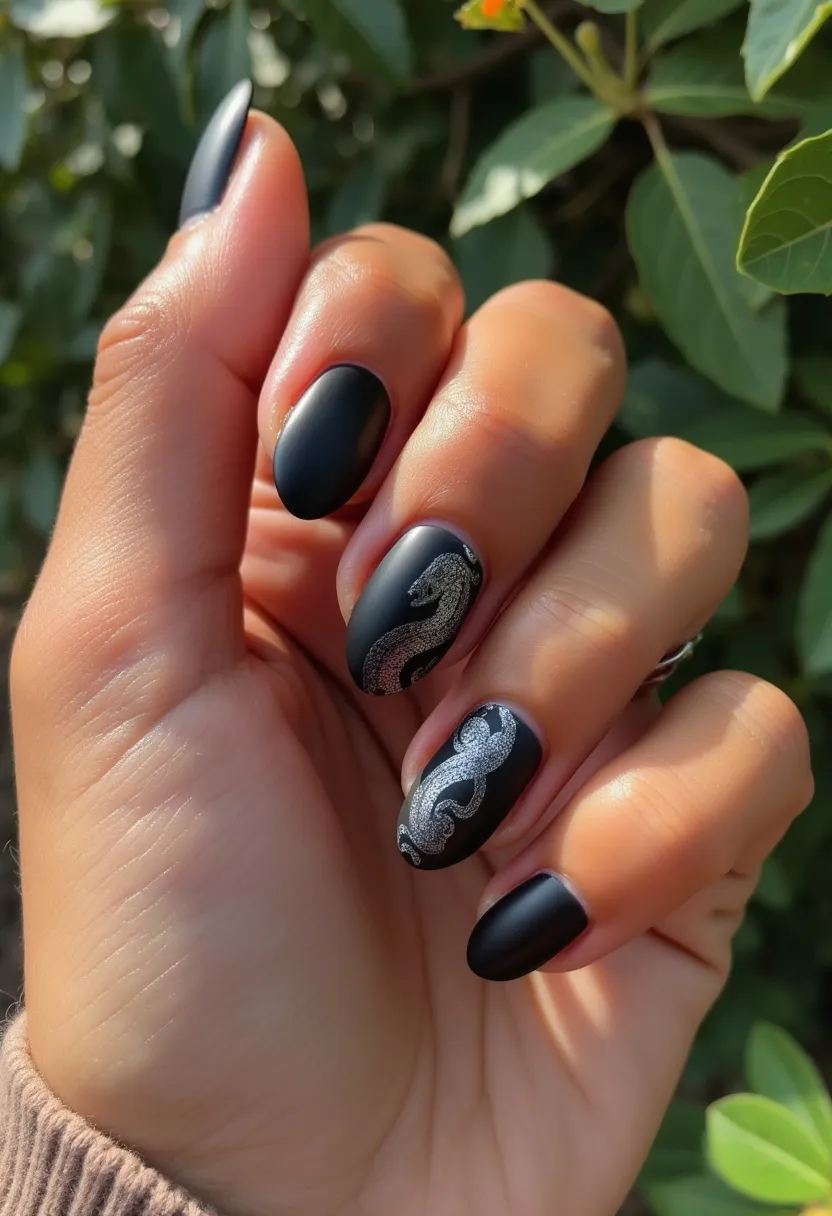 The nail design showcases a sophisticated and elegant look with a matte black color palette, perfectly complementing the short almond-shaped nails. The nails feature intricate silver glitter patterns, with delicate, shimmering designs on the ring and middle fingers, adding a touch of glamour and intricacy. The nail treatment appears to utilize gel polish, providing a smooth, durable, and polished finish. This design exudes a chic vibe, suitable for a special occasion or a stylish night out, and its bold yet refined details make it a standout choice for the fall or winter season.